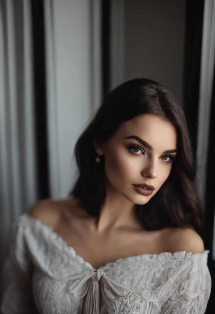 Allard woman dressed in black, Sexy girl with brown eyes, portrait sophie mudd, black hair and large eyes, selfie of a young woman, bedroom eyes, Violet Myers, nomake-up, Natural makeup, look straight at the camera, face with artgram, Subtle makeup, Stunning full-body shots, in a bedroom, cleavage