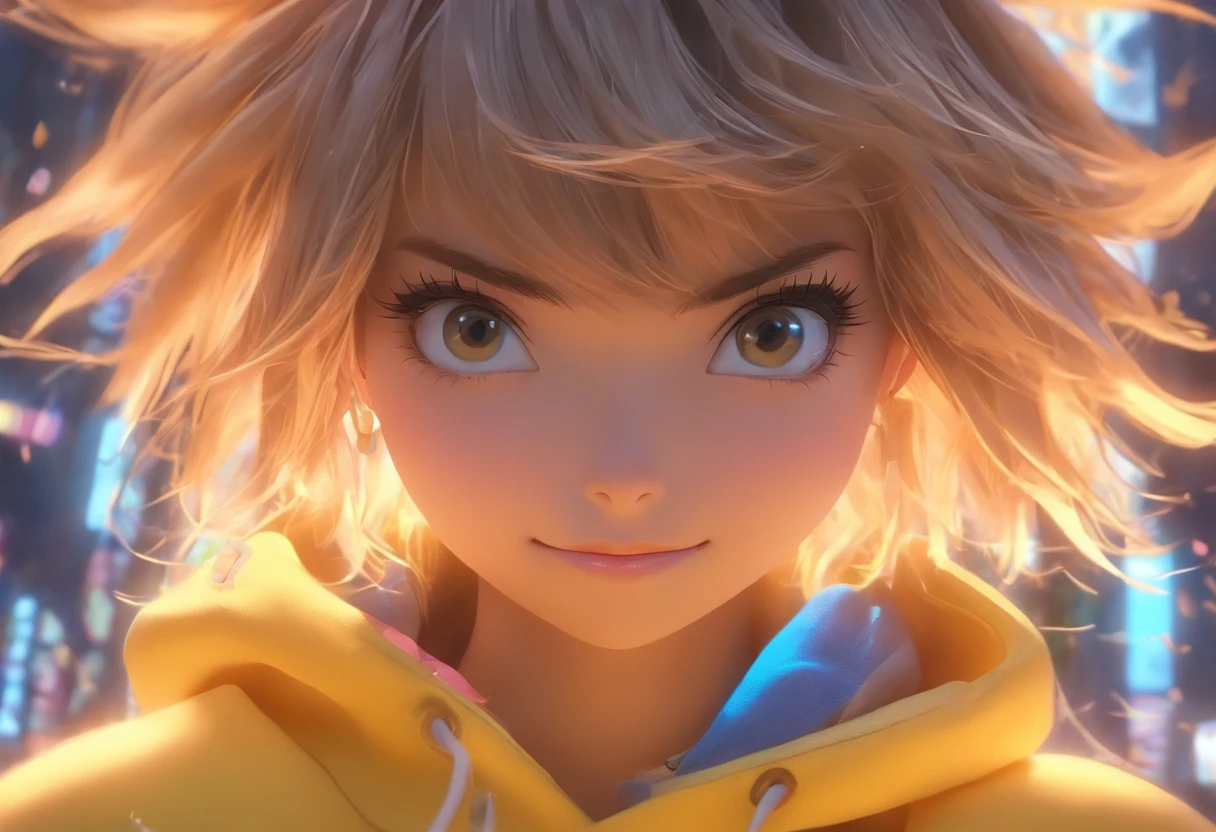 Hyper-realistic,Ultra photo realsisim,super-fine,Genki girl,Full body like,adolable,Sit cross-legged,ssmile,short detailed hair,Qi bangs,sweatshirts,denim pant,athletic sneakers,rays of sunshine,The hair is meticulously depicted,The eyes are meticulously depicted, highly detailed surreal vfx,oc rendered,