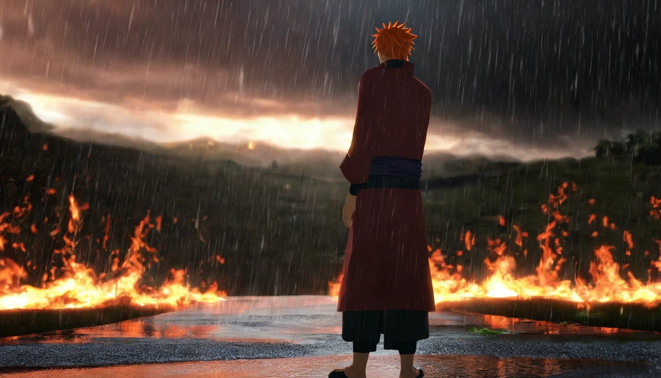 Yahiko called pain, naruto shippuddin, standing in the rain, rinnegan eyes,