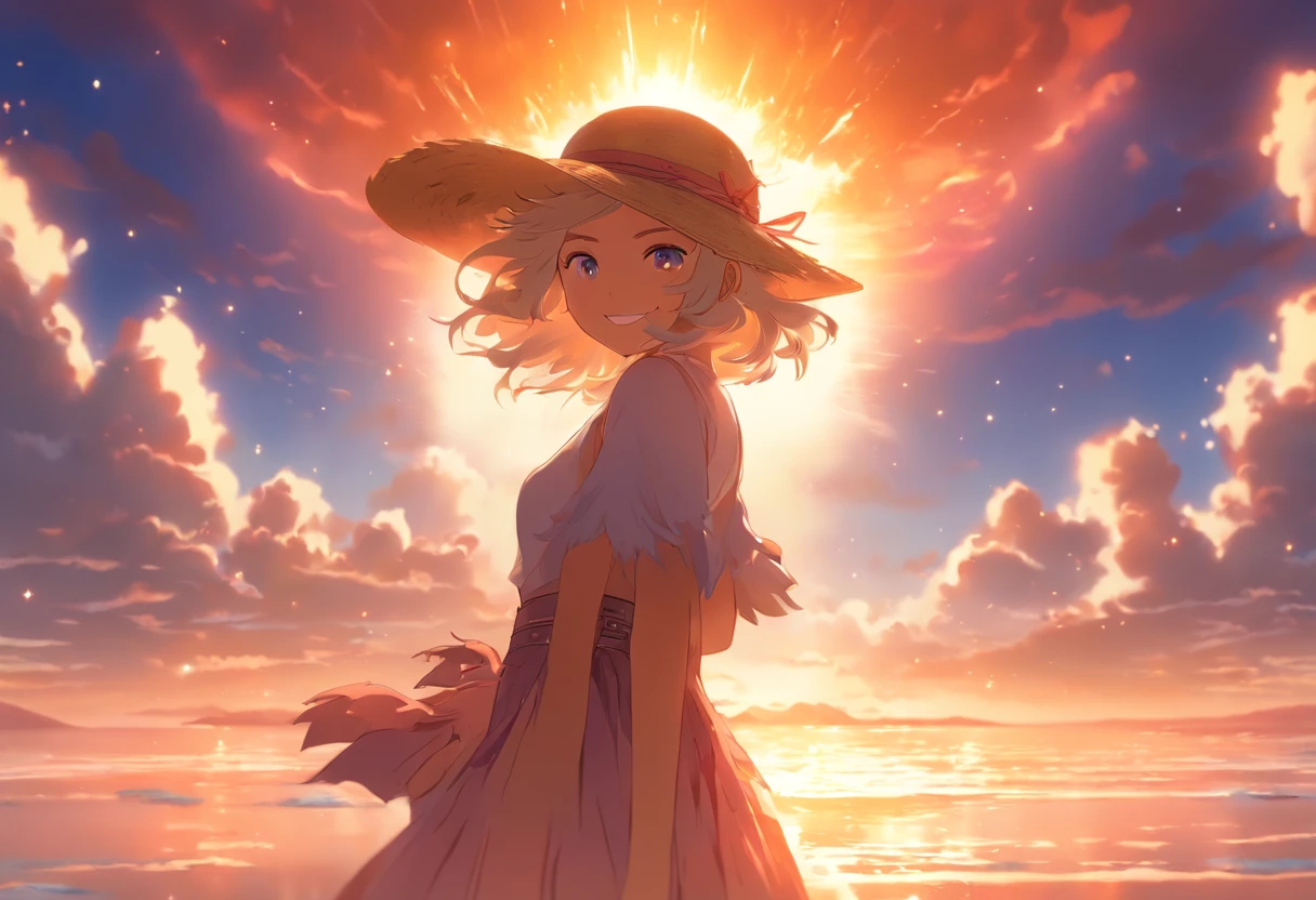 1girll, Masterpiece, extremely detaile, (beautiful detailed glow), Lens flare, White hair, Short hair, Floating hair, Looking back, Go back to the back, Smile, Blue eyes, White dress, Medium breasts, Upper body, Wide shot, Straw hat, ((Salar de Uyuni)), Sunrise, Clouds, back lit lighting, Purple sky, Yellow sky, gradient sky, Place your hands on your hat