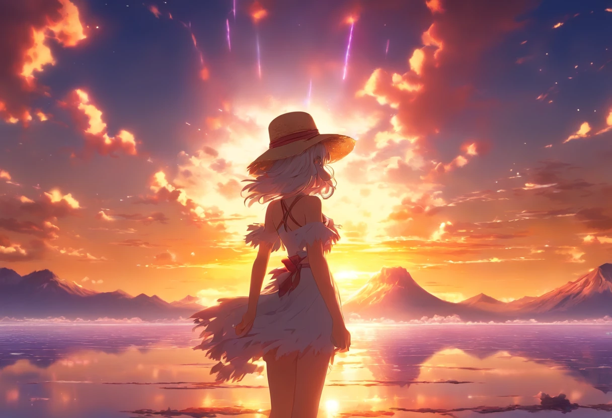 1girll, Masterpiece, extremely detaile, (beautiful detailed glow), Lens flare, White hair, Short hair, Floating hair, Looking back, Go back to the back, Smile, Blue eyes, White dress, Medium breasts, Upper body, Wide shot, Straw hat, ((Salar de Uyuni)), Sunrise, Clouds, back lit lighting, Purple sky, Yellow sky, gradient sky, Place your hands on your hat