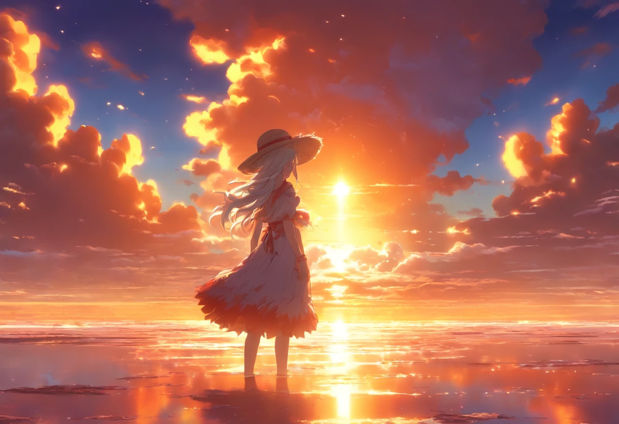 1girll, Masterpiece, extremely detaile, (beautiful detailed glow), Lens flare, White hair, Short hair, Floating hair, Looking back, Go back to the back, Smile, Blue eyes, White dress, Medium breasts, Upper body, Wide shot, Straw hat, ((Salar de Uyuni)), Sunrise, Clouds, back lit lighting, Purple sky, Yellow sky, gradient sky, Place your hands on your hat