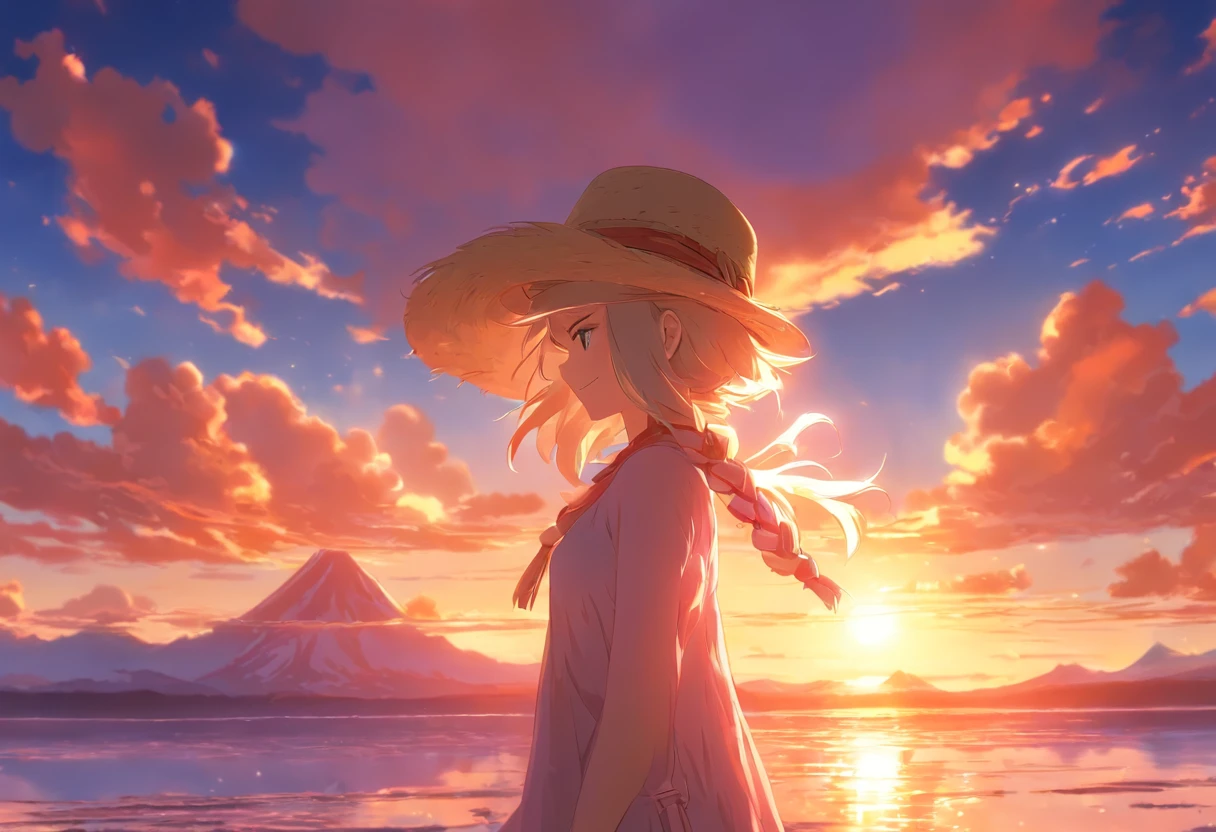 1girll, Masterpiece, extremely detaile, (beautiful detailed glow), Lens flare, White hair, Short hair, Floating hair, Looking back, Go back to the back, Smile, Blue eyes, White dress, Medium breasts, Upper body, Wide shot, Straw hat, ((Salar de Uyuni)), Sunrise, Clouds, back lit lighting, Purple sky, Yellow sky, gradient sky, Place your hands on your hat
