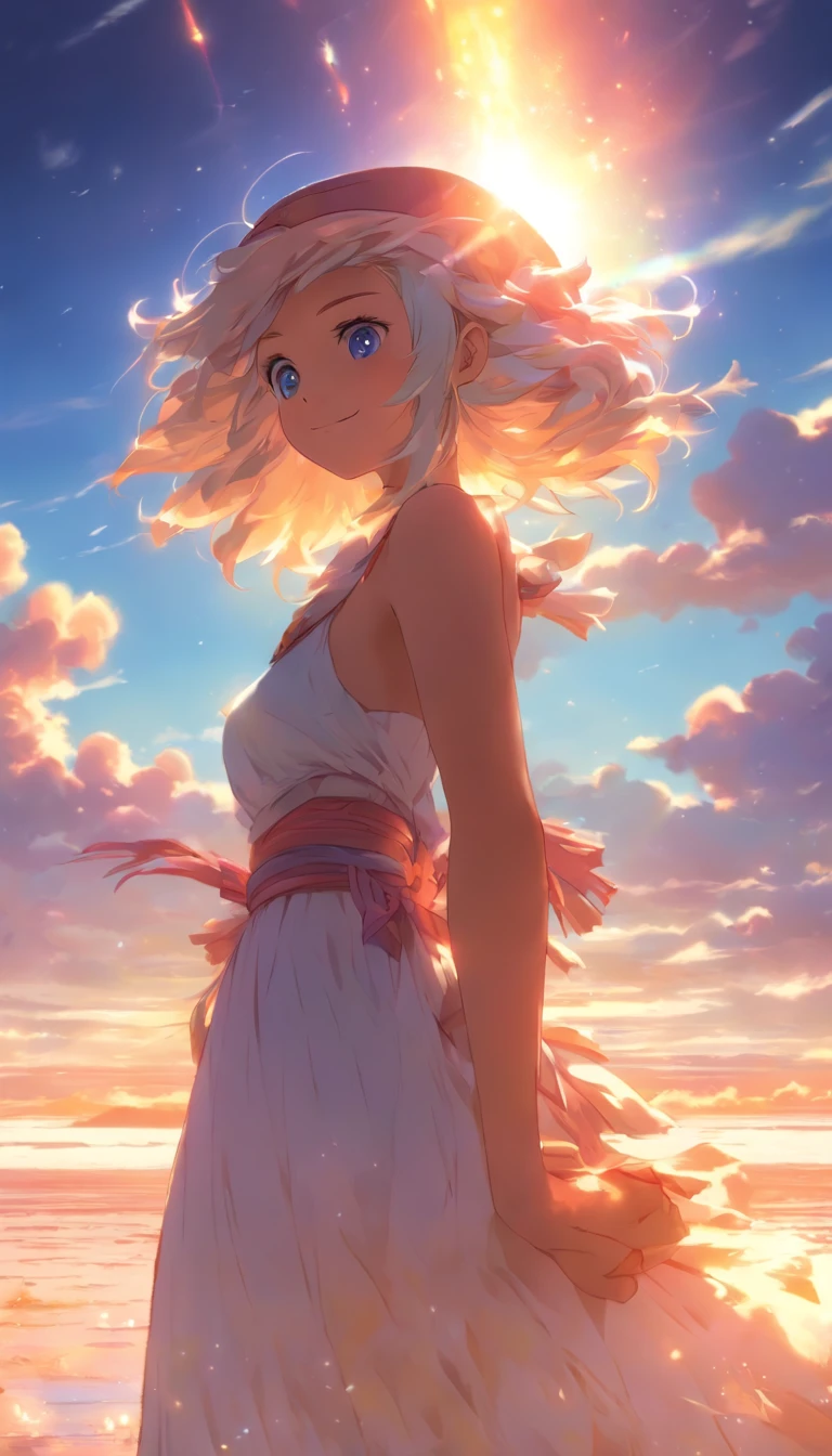 1girll, Masterpiece, extremely detaile, (beautiful detailed glow), Lens flare, White hair, Short hair, Floating hair, Looking back, Go back to the back, Smile, Blue eyes, White dress, Medium breasts, Upper body, Wide shot, Straw hat, ((Salar de Uyuni)), Sunrise, Clouds, back lit lighting, Purple sky, Yellow sky, gradient sky, Place your hands on your hat