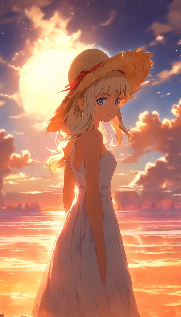 1girll, Masterpiece, extremely detaile, (beautiful detailed glow), Lens flare, White hair, Short hair, Floating hair, Looking back, Go back to the back, Smile, Blue eyes, White dress, Medium breasts, Upper body, Wide shot, Straw hat, ((Salar de Uyuni)), Sunrise, Clouds, back lit lighting, Purple sky, Yellow sky, gradient sky, Place your hands on your hat