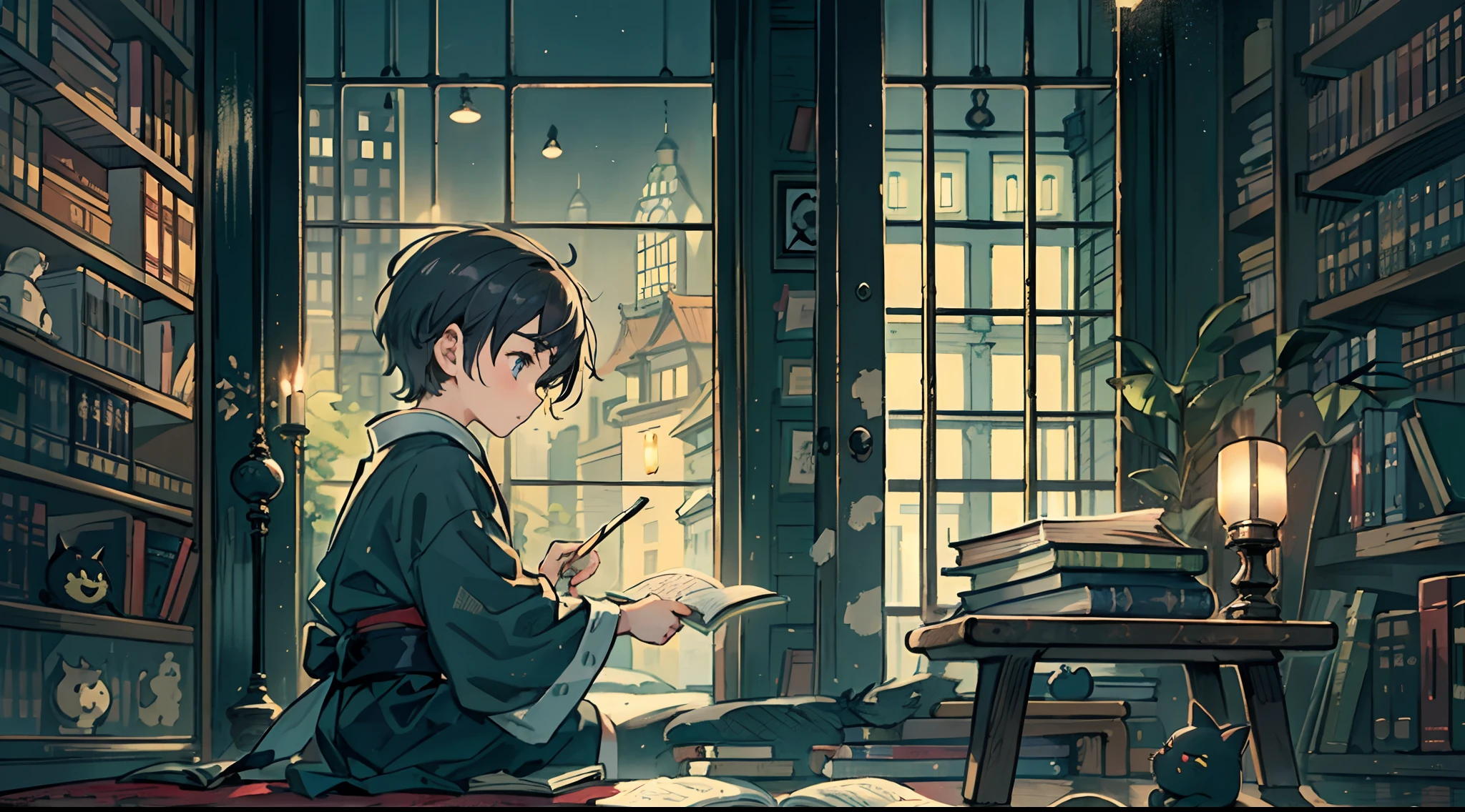 #Quality (intricate-detail、ultra-detailliert:1.2,cinematic shot), #night landscape (navy blue night sky), #one writing boy ( male、writer,Honor Students、A dark-haired、short-hair、hakama,sit flat), #dark room (only one candle,books on desk,pretty tatami,a lot of books,bookshelf,black cat)