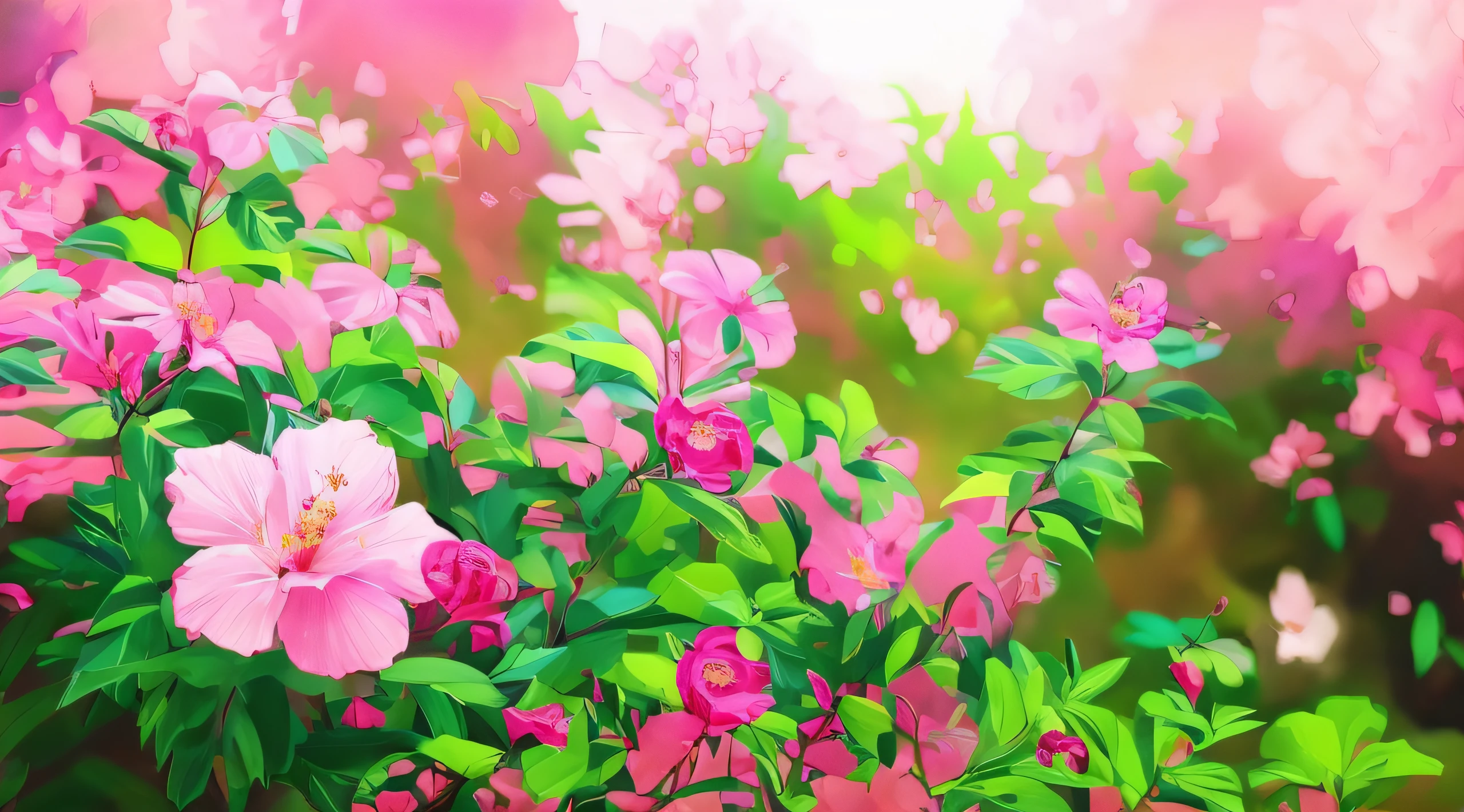 There are many pink flowers that are growing in the bushes, ambiente floral, em um planeta de folhagem exuberante, beautiful composition, coberto com bolhas brilhantes, pintura digital altamente detalhada, natureza anime, 4K, muito colorido, cores vivas