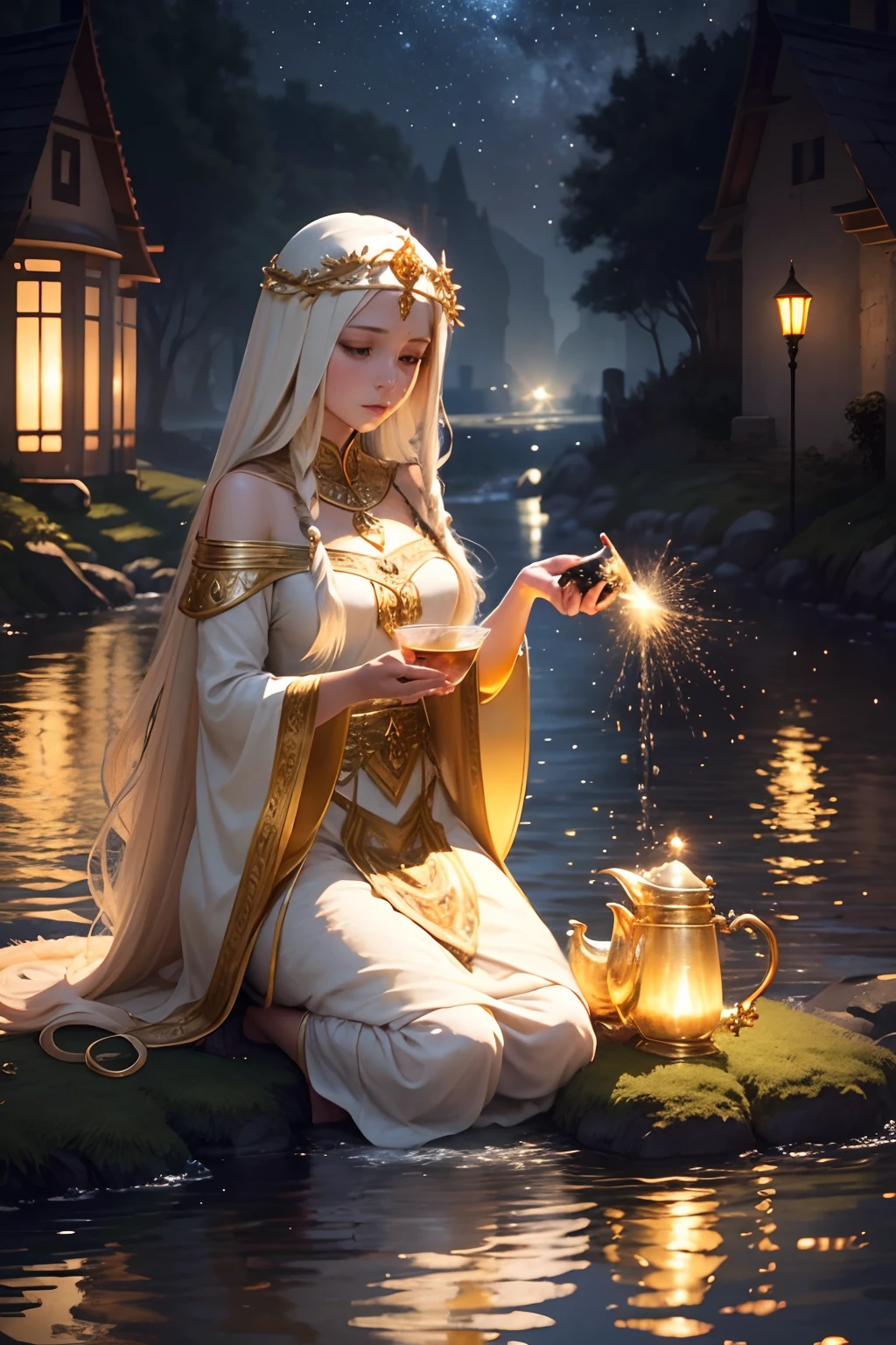 Maiden pure long hair with mantle of ceda and flore with golden shines mythological kneeling on the bank of a river with two jugs of water in her hands watering the contents in the river in a night with stars mythological image
