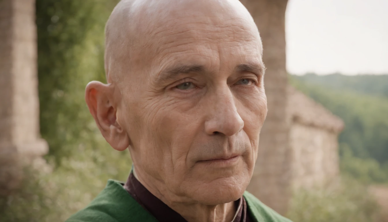 (((he's meditating)) light skin, meditating man about 90 years old, bald, Zen master, natural white, distinctive green eyes, ultra detailed face, with lots of wrinkles and graceful, beautiful, in an Italian medieval setting, ultra sharp focus, photo realistic, medieval men's clothing, tetrahedral colors (scar:1.4)