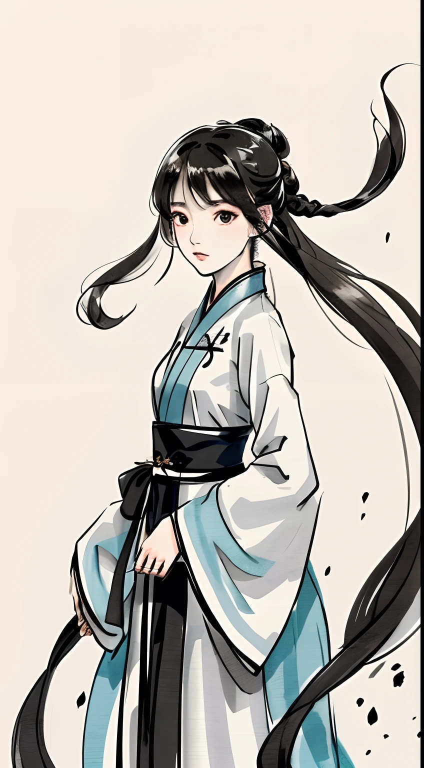 zydink, Mono Color, Ink sketch, 1girll, Asian people (shoun), Combat posture, looking at viewert, long whitr hair, Floating hair, Hanfu, Chinese clothes, longer sleeves, (abstract ink splash:1.2), white backgrounid