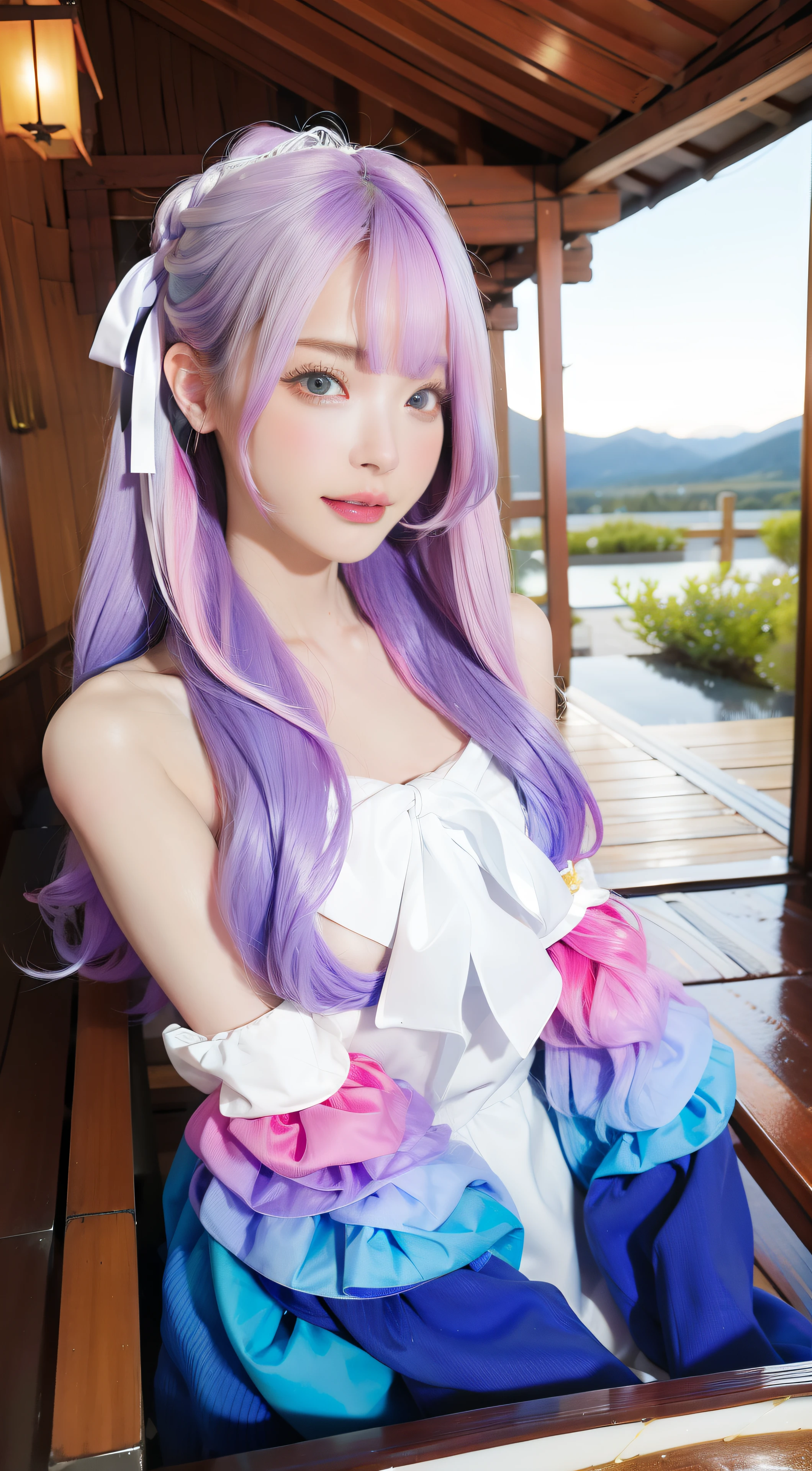 (KPOP idol), (Long twin tails), (Light purple hair): 1), ((Big eyes)), Staring, BREAK ((Upper body: 1.3)), Front view, Long flowing silver hair, Slender physique, Black and white costume, Thighs ・High boots A character wearing gloves. , ((floral bikini)), swimsuit, skin color, huge breasts, wet hair, laugh, (8k, RAW photo, top quality, masterpiece: 1.2), masterpiece, super savvy, super A high resolution, (realistic photo: 1.37), high quality RAW color photo, very delicate and beautiful, very savvy, 8k wallpaper, amazing, savvy, very savvy eye, very savvy skin, very slender fingers, hvery savvy nose, very savvy mouth, perfect anatomy, upper body, wet body, swimming, translucent, small swimsuit, Nogizaka Idol, Korean Idol , fiery idol pose, , 25 years old, tall, cafe, restaurant, Italian, American, Australian