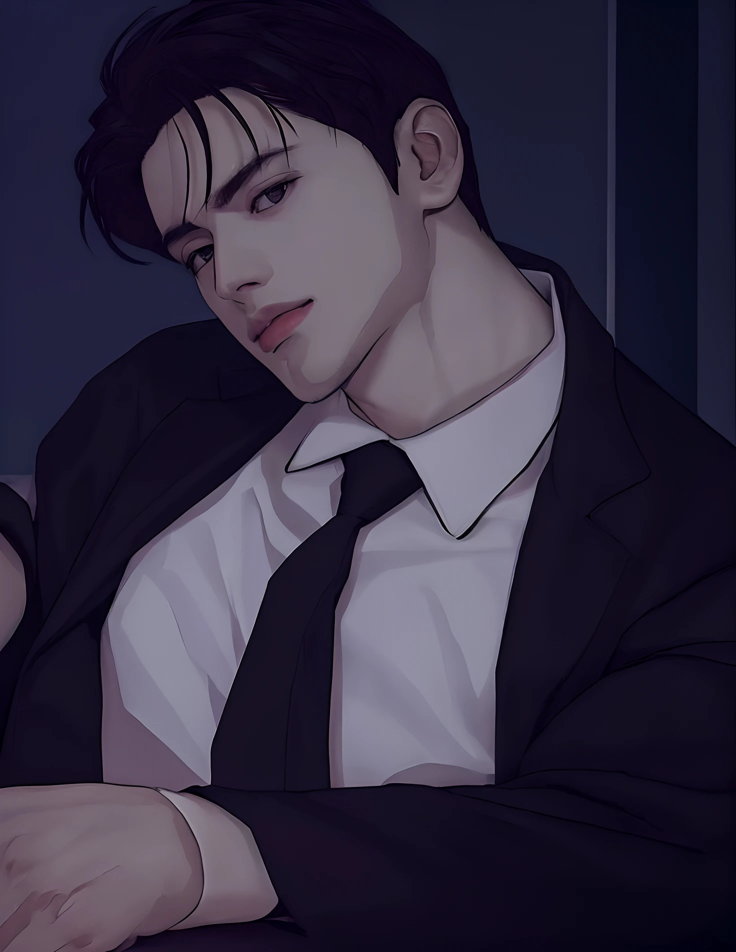 OPPAV3, (masutepiece, ultra-quality, High resolution, 8K, with an intricate: 1.2), (Detailed face: 1.2), (Wearing a black shirt: 1.5), Handsome, Clean face, Detailed skin, pores, Absurd, clumsy, Male Focus, (Realistic)), Good lighting quality, Muscle veins, (((pale skin)), curved, Balanced eyes, Dark eyes