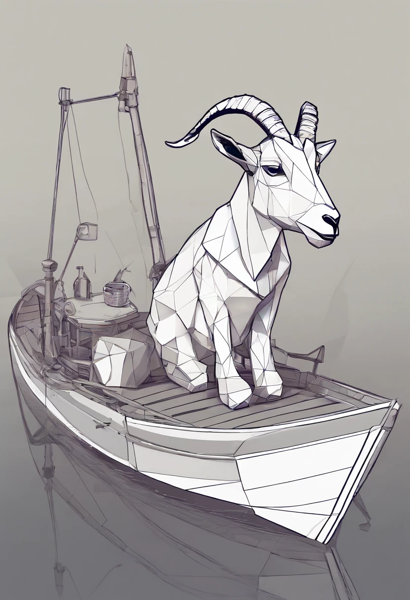 a humanoid goat, sitting on the boat fishing, having fun, (((full body))), cartoon style, promotional art, very stylized character design