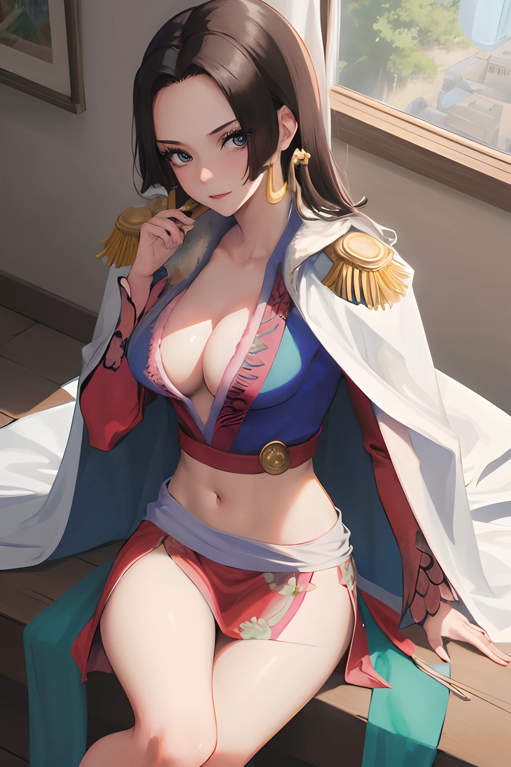 masterpiece, best quality, highres, hancock1, boa hancock, large breasts, epaulettes, cape, crop top, side slit, cowboy shot, sitting,