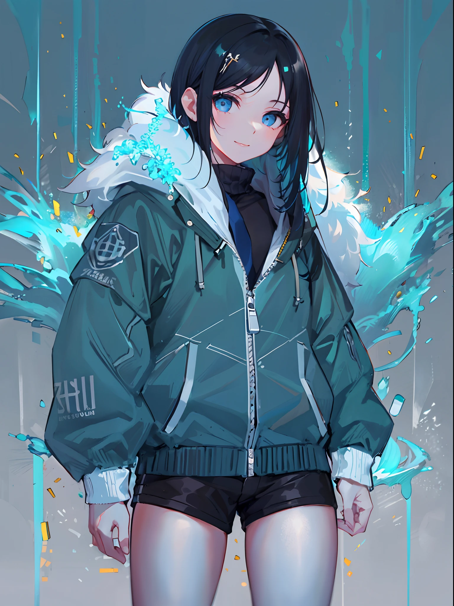 ((top quality)), ((masterpiece)), ((super detail)), (very delicate and beautiful), girl, solo, cold demeanor, ((black jacket)), she looks very (relaxed) and (calm), black hair, depth of field, evil smile, stirrups, underwater, air bubble, light blue eyes, light blue hair and dark blue tips inner color with, cold background, bobbed hair - linear art, shorts, knee high socks, oversized white hoodie, light blue ribbon tie, clothing transparent, hands in pockets