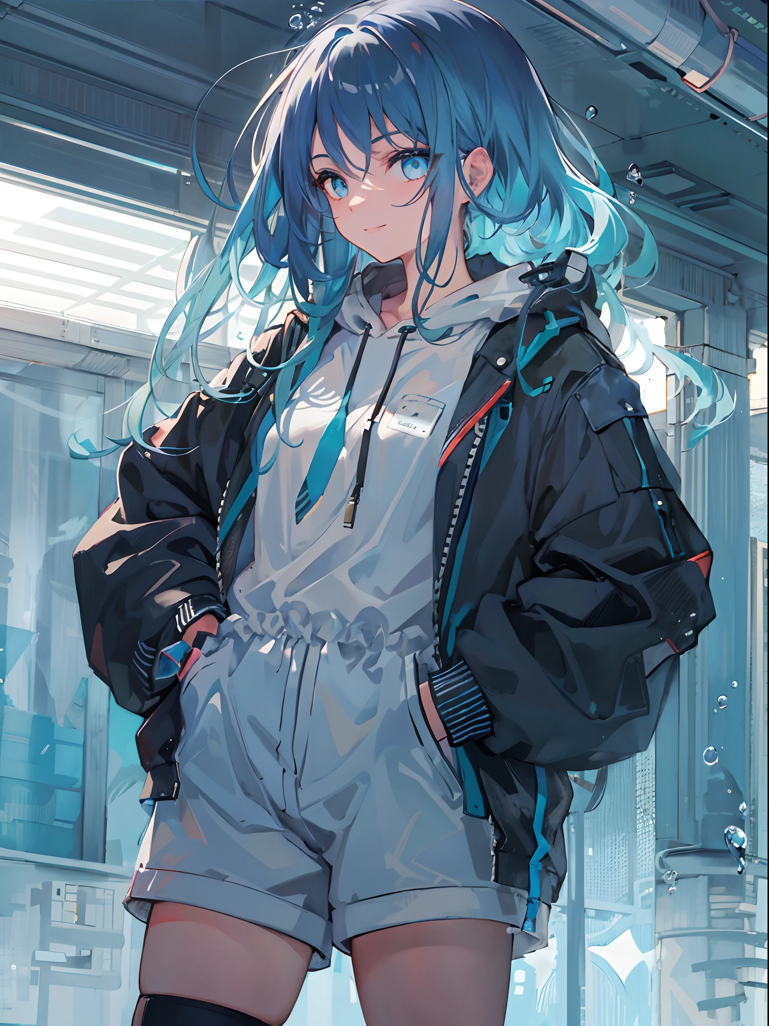((top quality)), ((masterpiece)), ((super detail)), (very delicate and beautiful), girl, solo, cold demeanor, ((black jacket)), she looks very (relaxed) and (calm), black hair, depth of field, evil smile, stirrups, underwater, air bubble, light blue eyes, light blue hair and dark blue tips inner color with, cold background, bobbed hair - linear art, shorts, knee high socks, oversized white hoodie, light blue ribbon tie, clothing transparent, hands in pockets