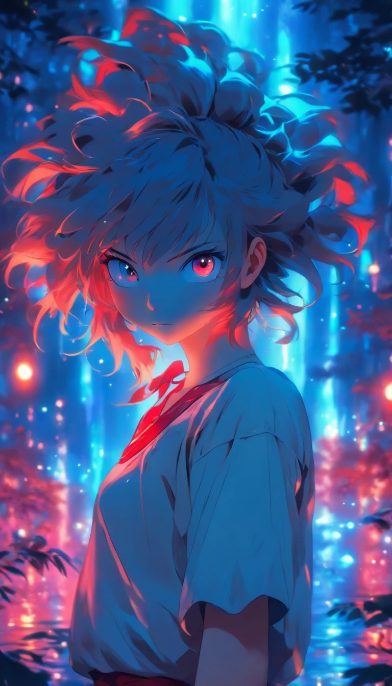 1girll, Solo,ssmile,White shirt, Red skirt, Socks, dual horsetail,Full body like,Beautiful outdoor background, night moon, forest,glowworm, concept-art, Lofi art style, Reflection,The hair is meticulously depicted,The eyes are meticulously depicted, highly detailed surreal vfx,oc rendered,