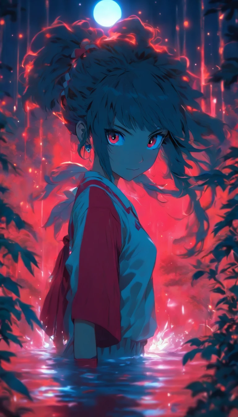 1girll, Solo,ssmile,White shirt, Red skirt, Socks, dual horsetail,Full body like,Beautiful outdoor background, night moon, forest,glowworm, concept-art, Lofi art style, Reflection,The hair is meticulously depicted,The eyes are meticulously depicted, highly detailed surreal vfx,oc rendered,