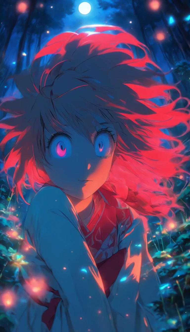 1girll, Solo,ssmile,White shirt, Red skirt, Socks, dual horsetail,Full body like,Beautiful outdoor background, night moon, forest,glowworm, concept-art, Lofi art style, Reflection,The hair is meticulously depicted,The eyes are meticulously depicted, highly detailed surreal vfx,oc rendered,