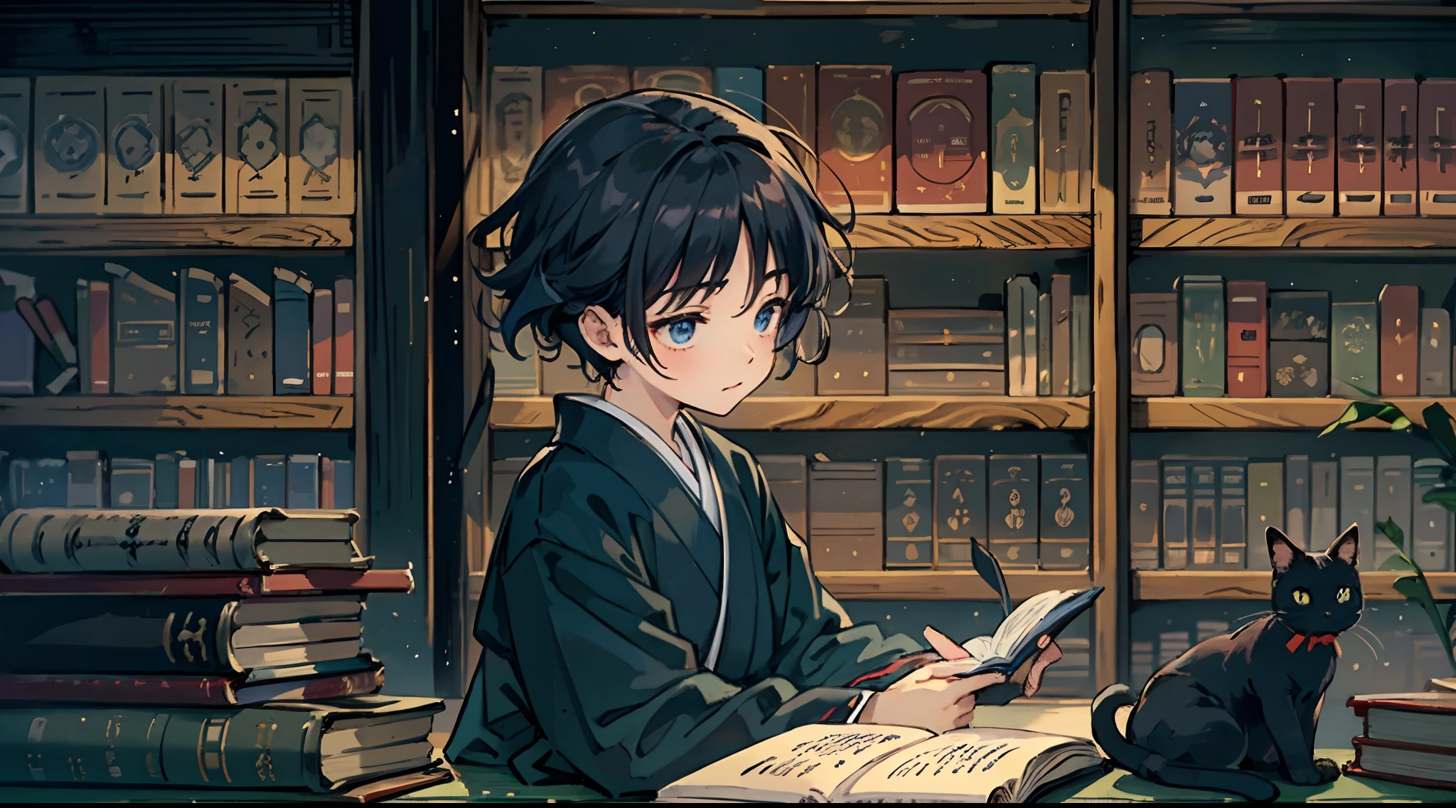 #Quality (intricate-detail、ultra-detailliert:1.2,cinematic shot), #night landscape (navy blue night sky), #one writing boy (16 male、writer,Honor Students、A dark-haired、short-hair、hakama,sit flat), #dark room (only one candle,books on desk,pretty tatami,a lot of books,bookshelf,black cat)