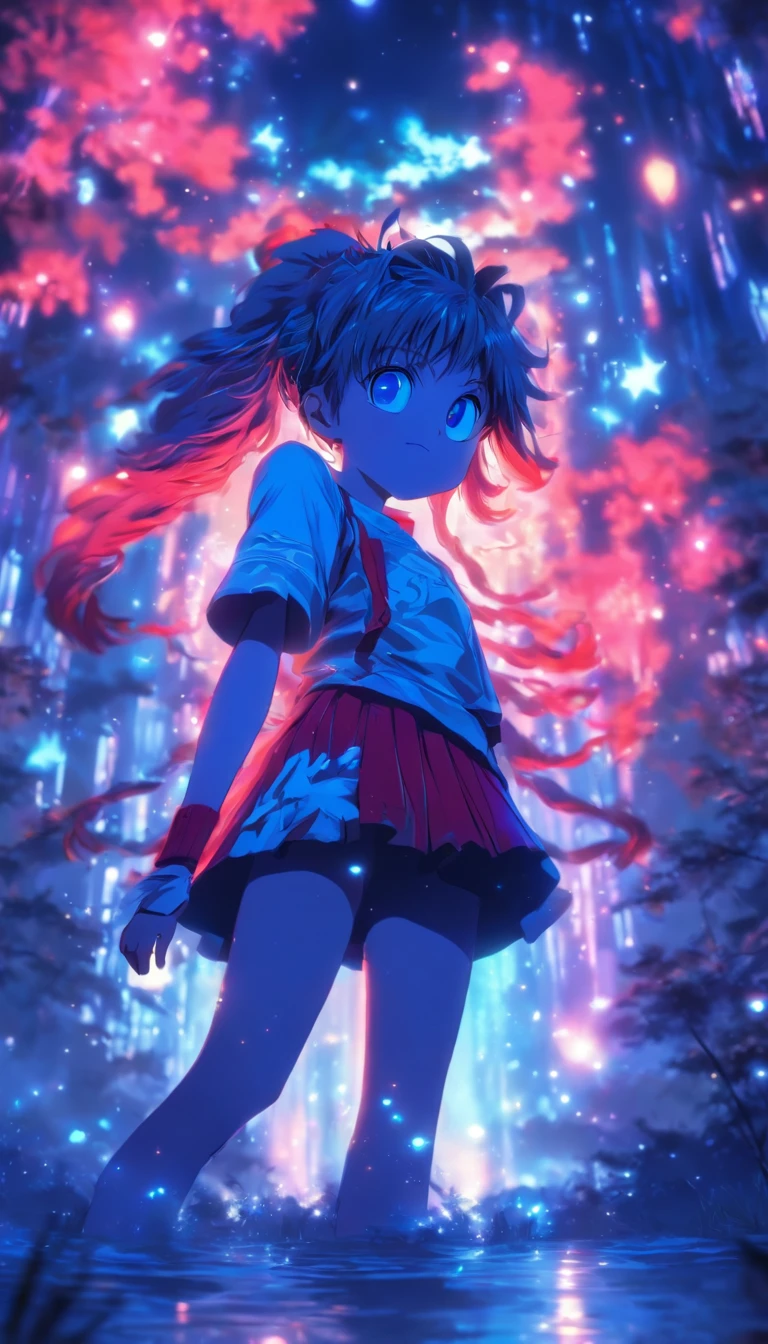 1girll, Solo，ssmile，White shirt, Red skirt, Socks, dual horsetail，Full body like，Beautiful outdoor background, night moon, forest，glowworm， Lofi art style, Reflection，The hair is meticulously depicted，The eyes are meticulously depicted， highly detailed surreal vfx，oc rendered，