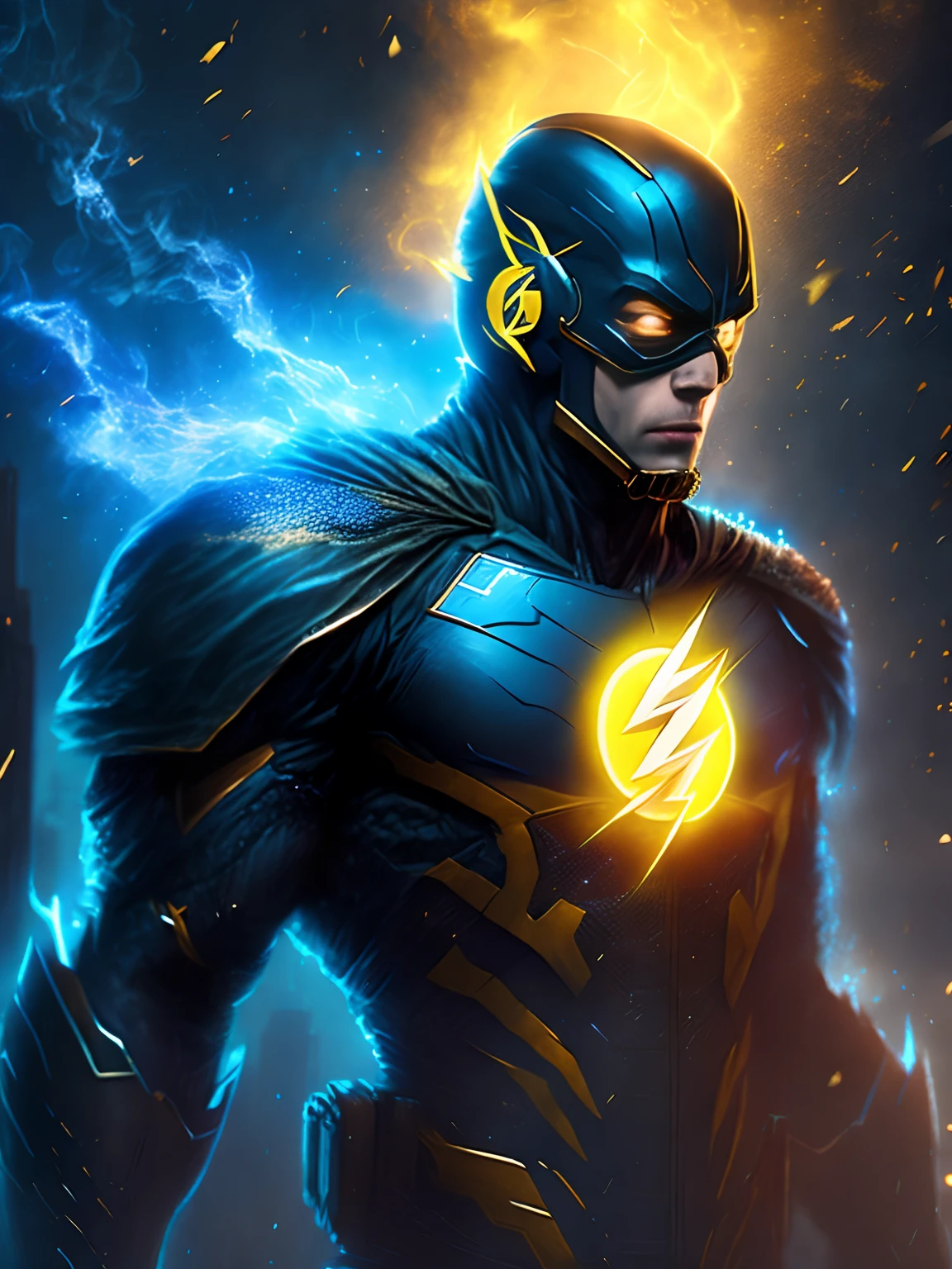 I want a drawing of a blue superhero similar to the flash but with his blue and yellow clothing color coming out of him in the format of a movie, a pixar movie