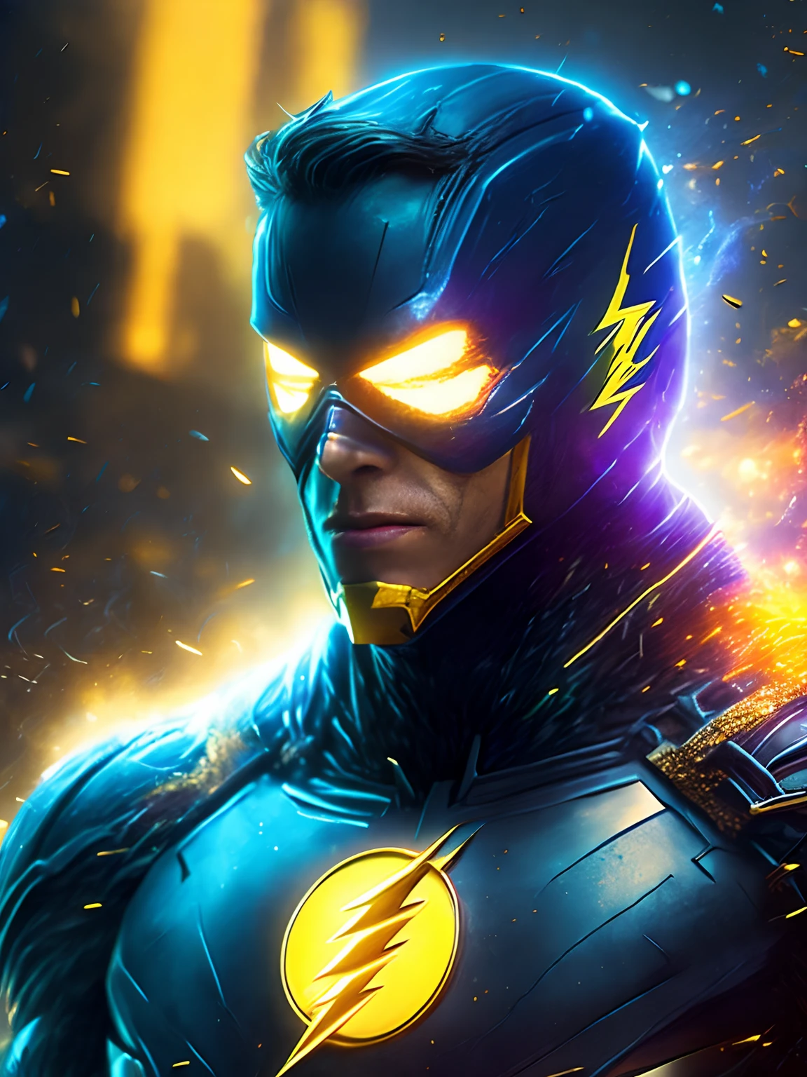 gloomy portrait of Flash Yellow Lantern from DC, extremely detailed, futuristic cityscape, nighttime, glowing neon lights, smoke, sparks, metal shavings, flying debris, blue energy effects, volumetric light