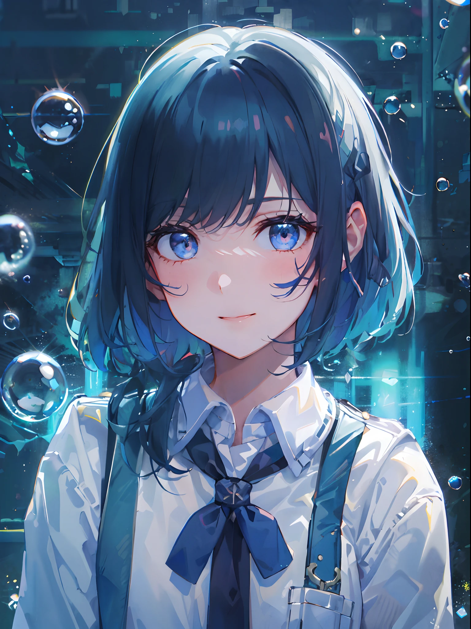 ((top-quality)), ((​masterpiece)), ((ultra-detailliert)), (extremely delicate and beautiful), girl with, 独奏, cold attitude,((Black jacket)),She is very(relax)with  the(Settled down)Looks,A dark-haired, depth of fields,evil smile,Bubble, under the water, Air bubble,bright light blue eyes,Inner color with light blue hair and dark blue tips,Cold background,Bob Hair - Linear Art, shortpants、knee high socks、White uniform like school uniform、Light blue ribbon ties、Clothes are sheer、Hands in pockets
