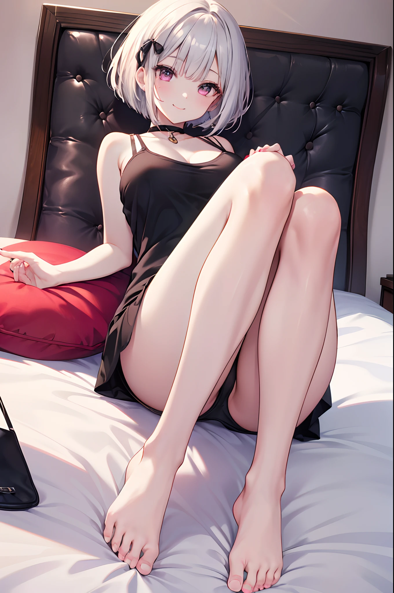 Mole under the eyes、s girl、silver bob cut、pink eye、Black Camisole、Shoulder out、look from down、breasts are large、Black Hair Ribbon、Thighs are attractive、Sauce order、Diagonal patsun bangs、A smile、Show the soles of your feet、Show your legs、on the beds