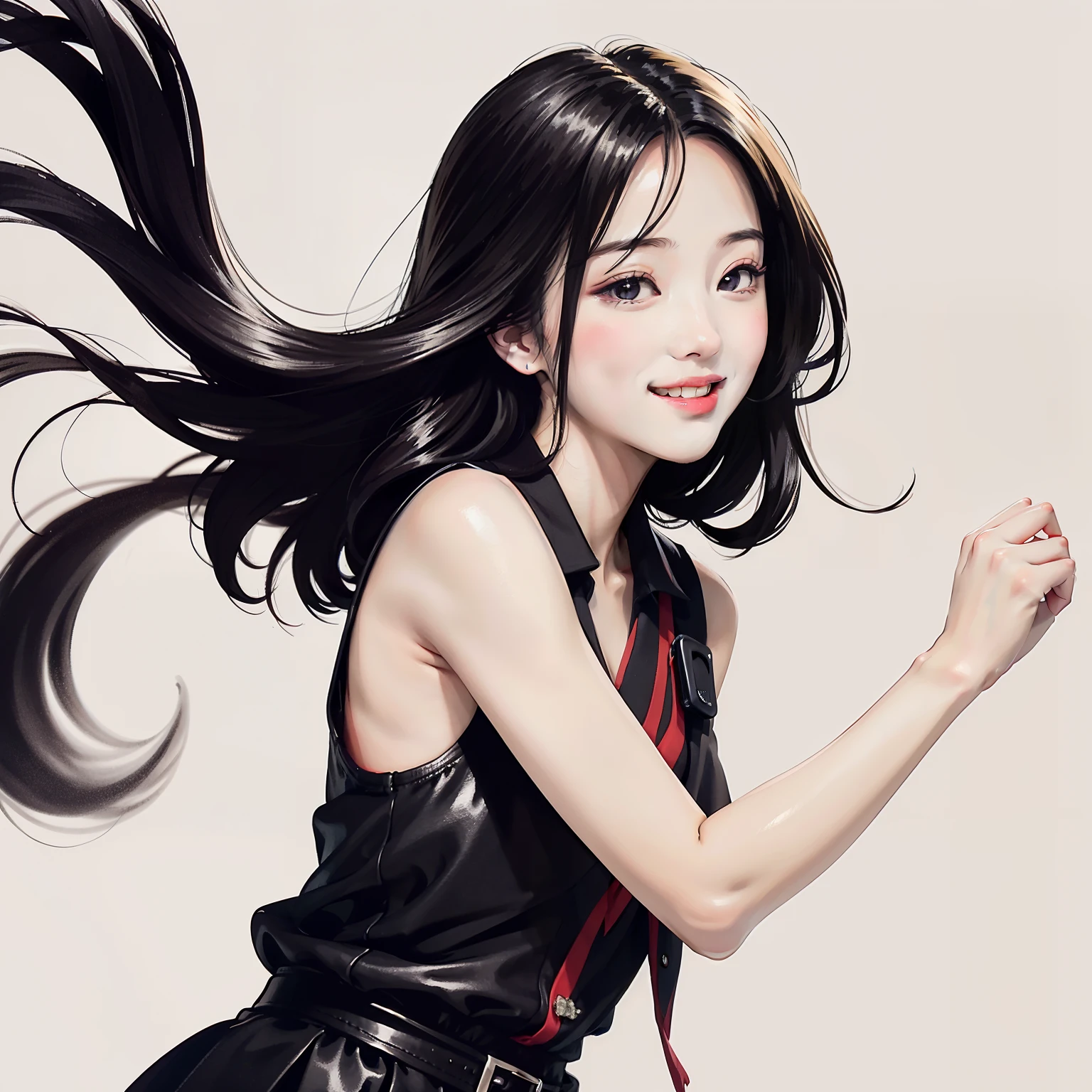 Ink painting,Ink sketch,Mono Color,white backgrounid,Genki girl,with dynamism,Full of prunes,Positive girls,Sunny smile,Stay positive and optimistic,Full of passion,The energetic girl exudes youthful vitality,Passionate about life and the future,It often brings joy and positive energy,All at school,Work or social situations,Energetic girls can drive the atmosphere,Energize your team's energy and creativity。