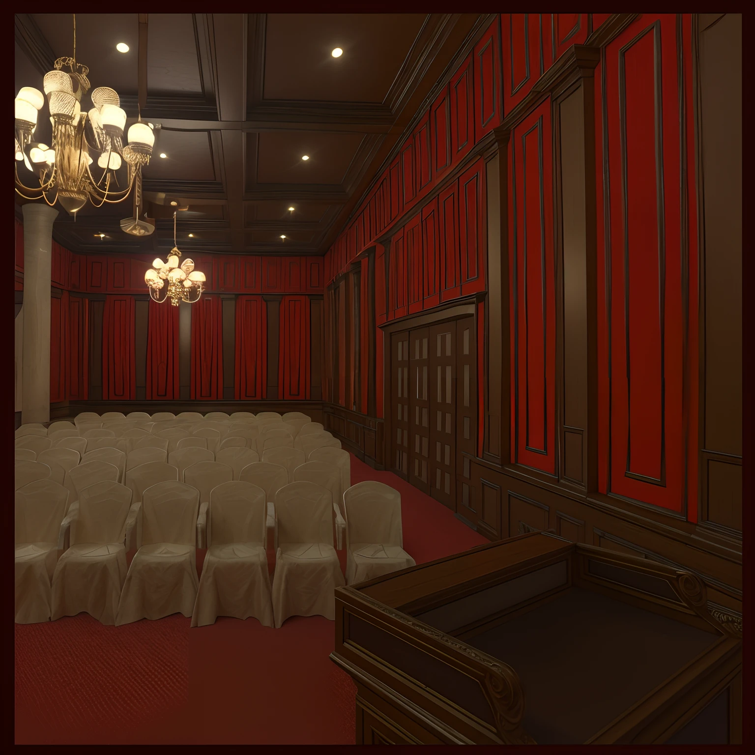 there is a room with a podium and chairs in it, all chairs are filled an people are sitting on them, photograph of 3d ios room, highly detailed interior. hyperrealistic, 3 d renders, royal interior, court room, digitally painted, gothic mansion room, throne room, [ digital art, vray rendered, smooth panelling, red room, rendered in unreal engine 3d