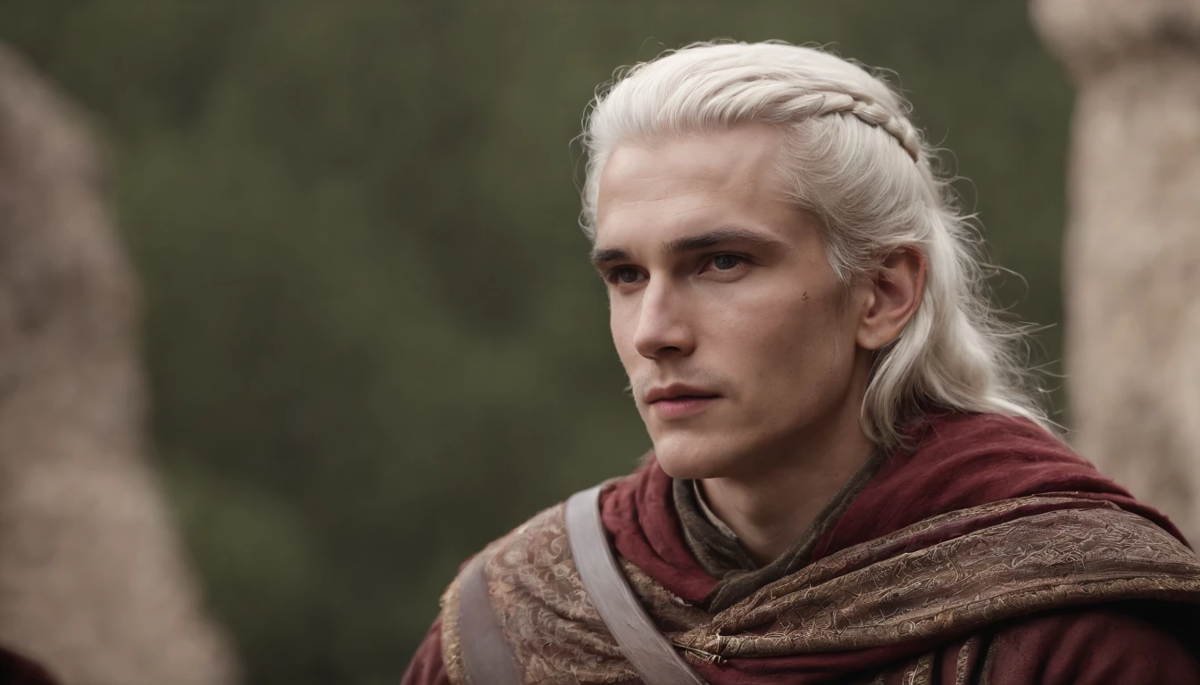 (((a deep reddish wound crosses his left cheek)) fair skin, full body of a man about 19 years old, natural white hair, slim, him back in an inspiring setting full of Italian mountains, ultra sharp focus, photo realistic, medieval men's clothing, tetrahedral colors (scar:1,4)