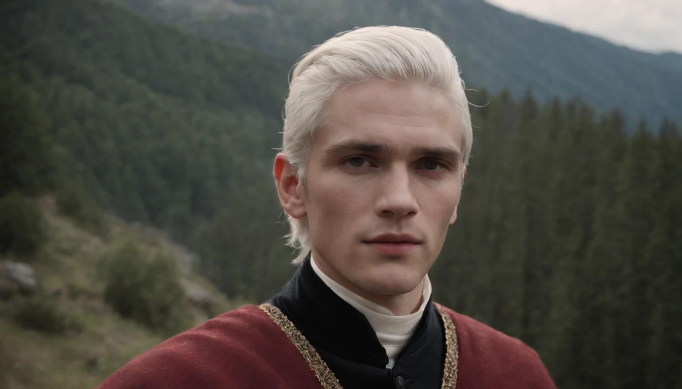 (((a deep reddish wound crosses his left cheek)) fair skin, full body of a man about 19 years old, natural white hair, slim, him back in an inspiring setting full of Italian mountains, ultra sharp focus, photo realistic, medieval men's clothing, tetrahedral colors (scar:1,4)