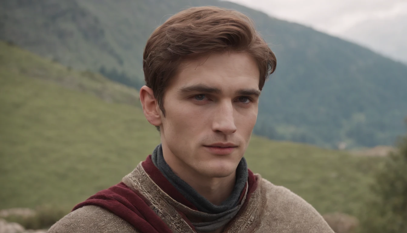 (((a deep reddish wound crosses his left cheek)) fair skin, full body of a man about 19 years old, natural white hair, slim, him back in an inspiring setting full of Italian mountains, ultra sharp focus, photo realistic, medieval men's clothing, tetrahedral colors (scar:1,4)