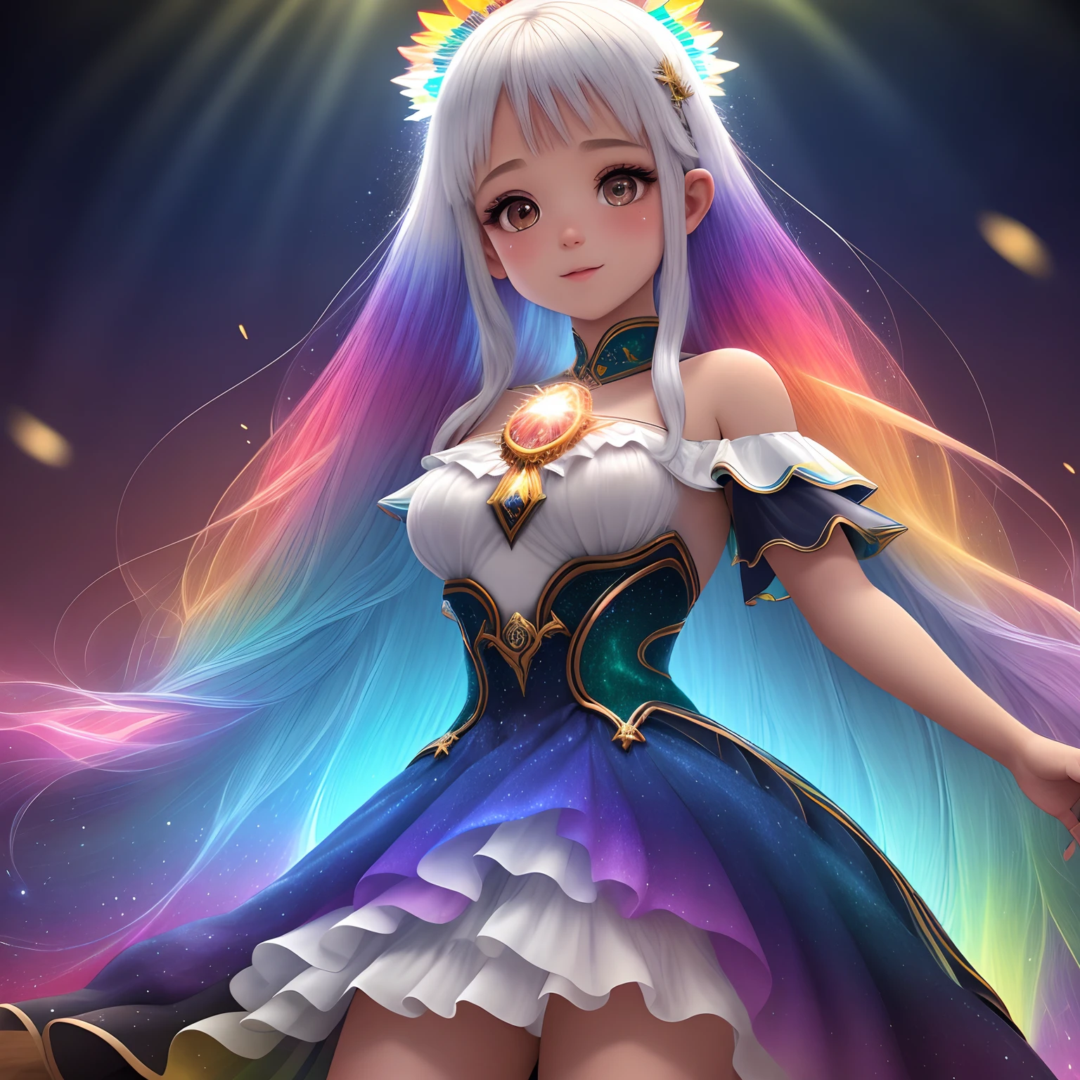obra prima, Garota bonita, tronco inteiro, translucent eyes, pele brilhante, cabelo brilhante e branco, Ultra Detalhado,bright eyes and colorful gradient, Efeito glitter, iridescence, cabelo com fios transparentes, cabelo de cristal, luz solar, UHD, fundo colorido de arco iris, Cinematic Depth, roupa detalhada e delicada, vestido com manga transparente, volumeric lighting, ultra realista.