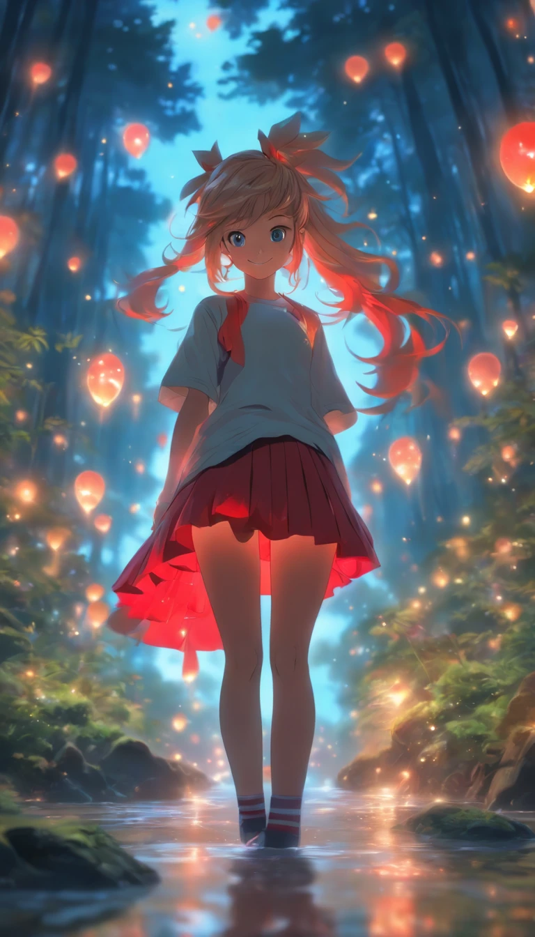 1girll, Solo，ssmile，White shirt, Red skirt, Socks, dual horsetail，Full body like，Beautiful outdoor background, night moon, forest，glowworm，Pisif, concept-art, Lofi art style, Reflection，The hair is meticulously depicted，The eyes are meticulously depicted， highly detailed surreal vfx，oc rendered，