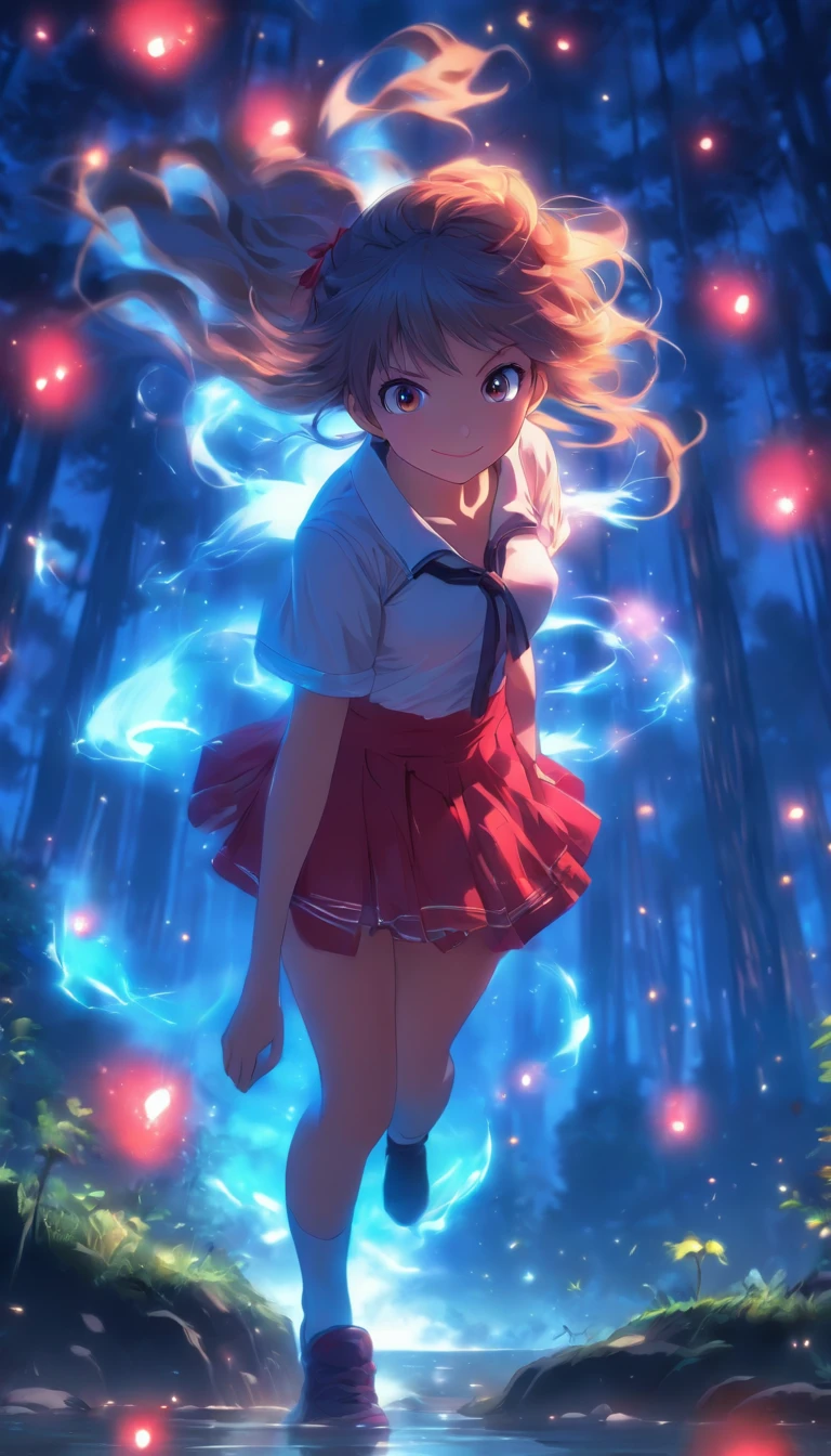 1girll, Solo,ssmile,White shirt, Red skirt, Socks, dual horsetail,Beautiful outdoor background, night moon, forest,The hair is meticulously depicted,The eyes are meticulously depicted, highly detailed surreal vfx,oc rendered,