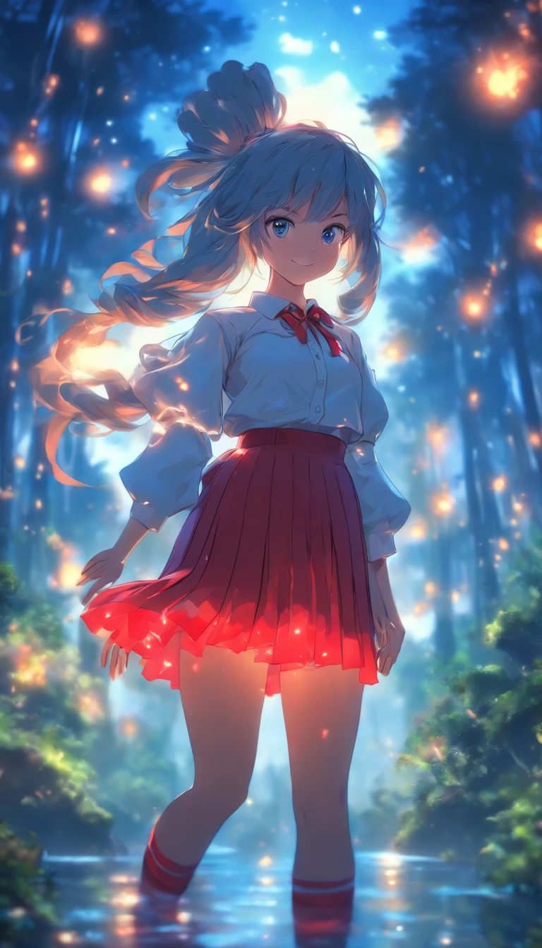 1girll, Solo,ssmile,White shirt, Red skirt, Socks, dual horsetail,Full body like,Beautiful outdoor background, night moon, forest,glowworm, Reflection,The hair is meticulously depicted,The eyes are meticulously depicted, highly detailed surreal vfx,oc rendered,
