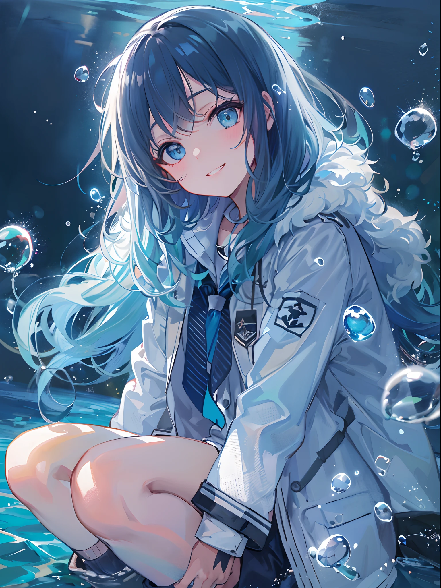 ((top-quality)), ((​masterpiece)), ((ultra-detailliert)), (extremely delicate and beautiful), girl with, 独奏, cold attitude,((Black jacket)),She is very(relax)with  the(Settled down)Looks,A dark-haired, depth of fields,evil smile,Bubble, under the water, Air bubble,bright light blue eyes,Inner color with light blue hair and dark blue tips,Cold background,Bob Hair - Linear Art, shortpants、knee high socks、White uniform like school uniform、Light blue ribbon ties、Clothes are sheer、Hands in pockets