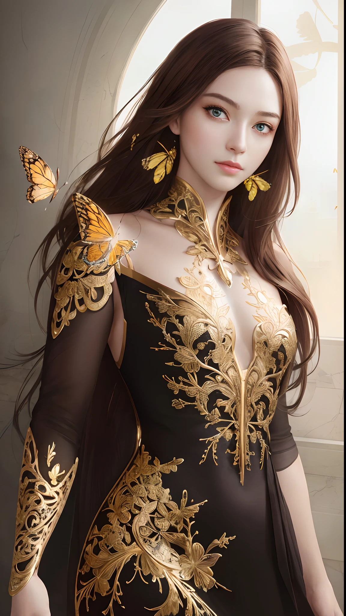 8k portrait of beautiful cyborg with brown hair, intricate, elegant, highly detailed, majestic, digital photography, art by artgerm and ruan jia and greg rutkowski surreal painting gold butterfly filigree, broken glass, (masterpiece, sidelighting, finely detailed beautiful eyes: 1.2), hdr,