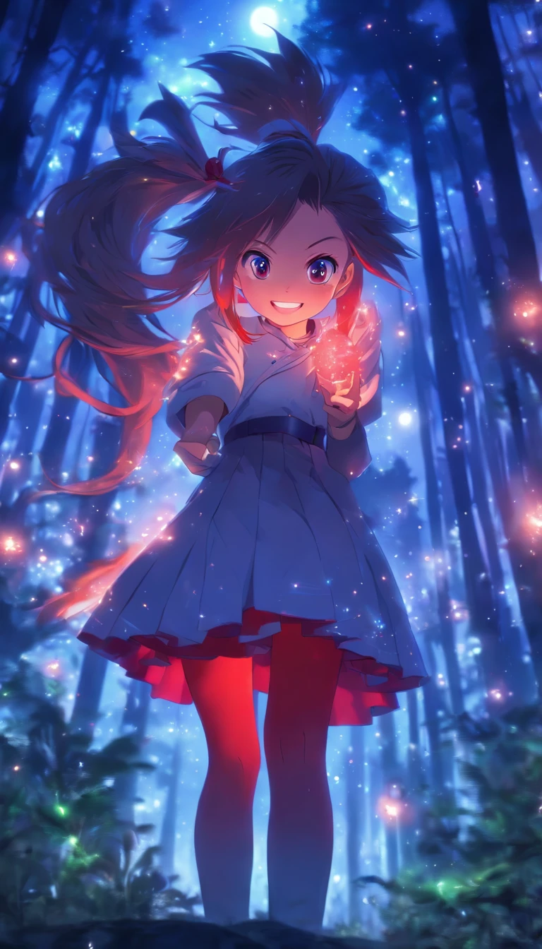 1girll, Solo，ssmile，White shirt, Red skirt, Socks, dual horsetail，Full body like，Beautiful outdoor background, night moon, forest，glowworm，The hair is meticulously depicted，The eyes are meticulously depicted， highly detailed surreal vfx，oc rendered，