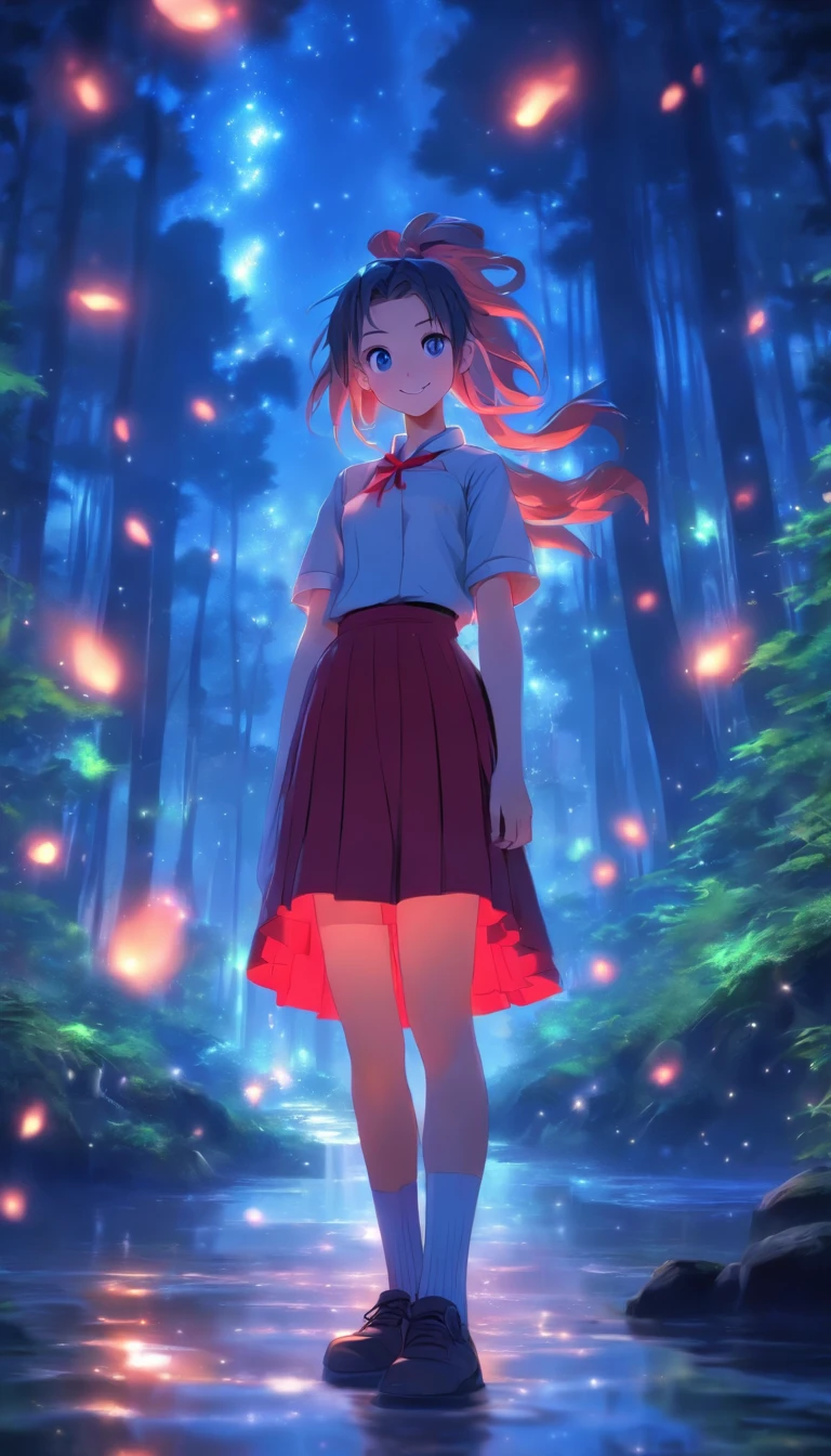 1girll, Solo，ssmile，White shirt, Red skirt, Socks, dual horsetail，Full body like，Beautiful outdoor background, night moon, forest，glowworm，The hair is meticulously depicted，The eyes are meticulously depicted， highly detailed surreal vfx，oc rendered，