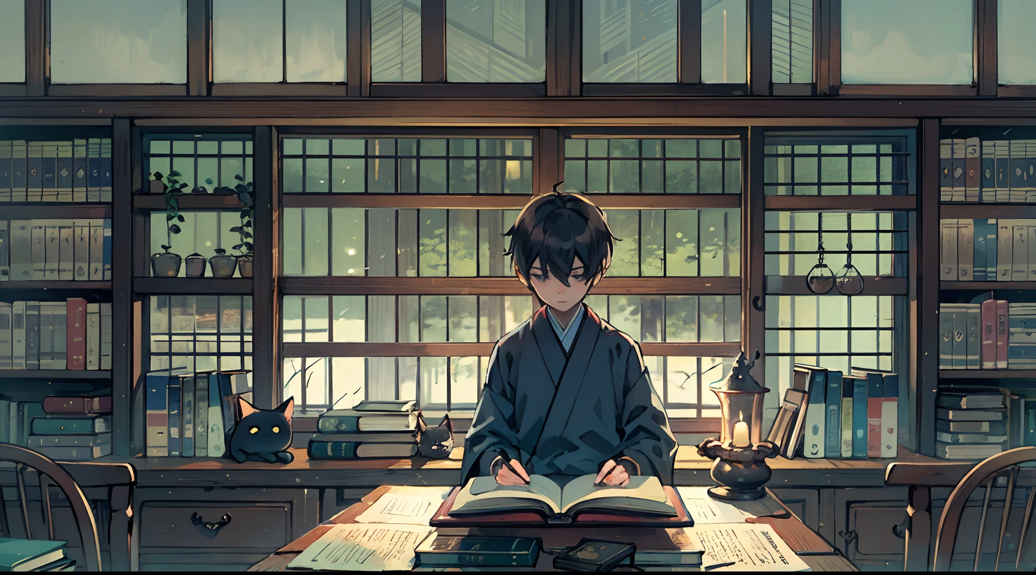 #Quality (intricate-detail、ultra-detailliert:1.2,cinematic shot), #night landscape (navy blue night sky), #one writing boy (16 male、writer,Honor Students、A dark-haired、short-hair、hakama,sit flat), #dark room (only one candle,books on desk,pretty tatami,a lot of books,bookshelf,black cat)