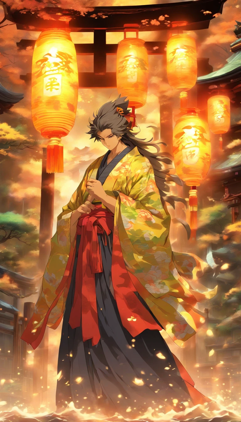 Masterpiece, Best quality, A high resolution, Muramasa, A traditional Japanese shrine, Solo, Handsome, Yellow eyes,