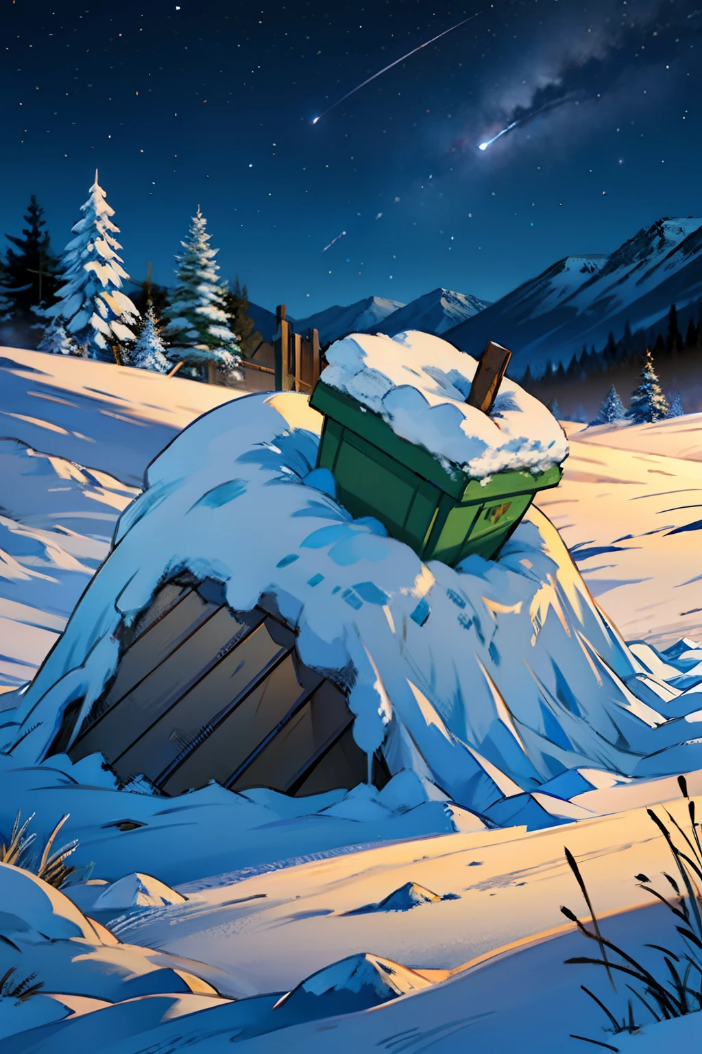 A painting of a pile of garbage in the snow, winter, eerie night time light, dark sky with stars.