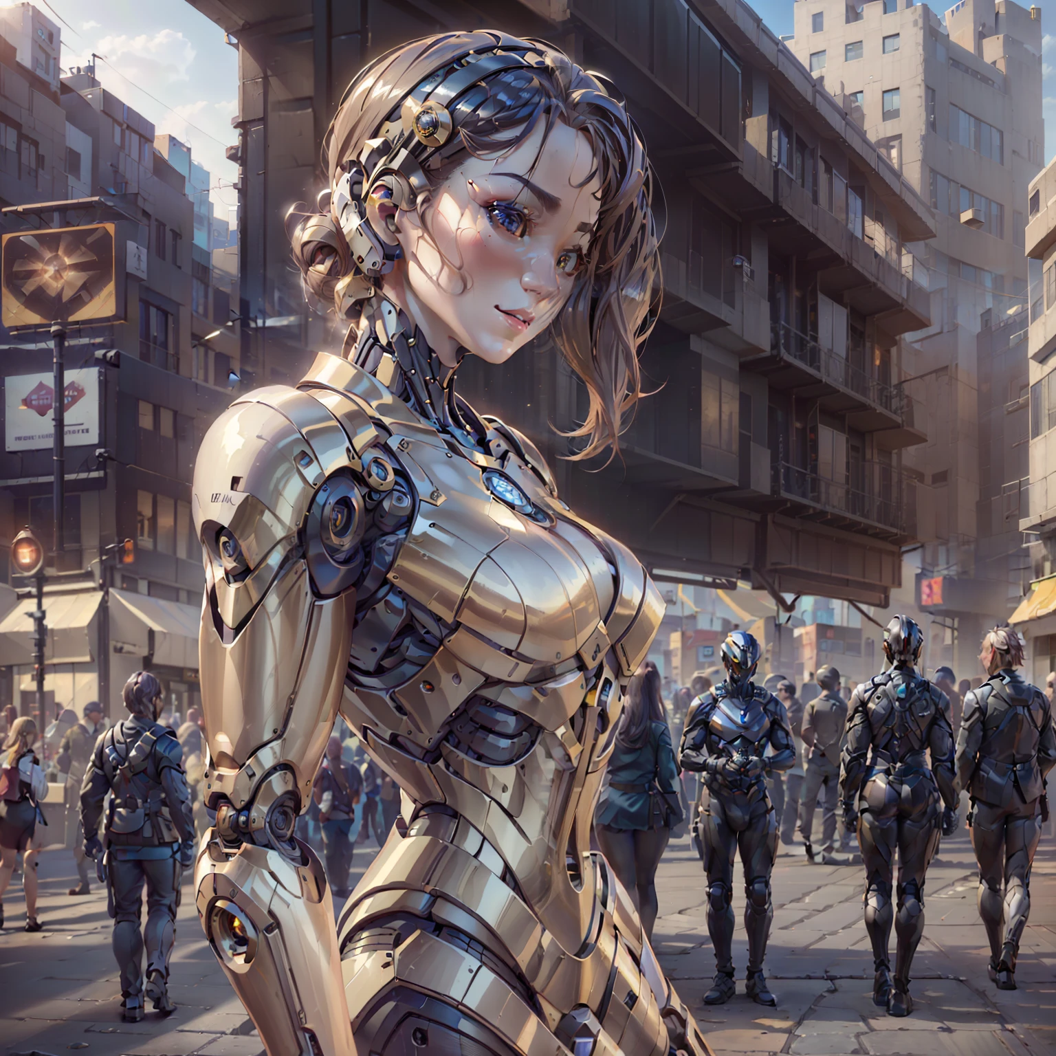(best quality,4k,8k,highres,masterpiece:1.2),ultra-detailed,(realistic,photorealistic,photo-realistic:1.37),golden robotic,artificial intelligence:1.4,one girl,stunning hair,observing device,mini skirt:1.3,urban cityscape,people walking by,both arms crossed behind her back,bright sunny sky,cosmic streets.