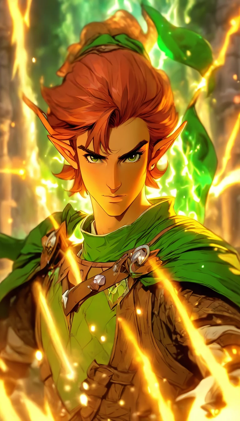 ((better resolution, High- sharpness, film photo, Portrait of an adventurer, professional portrait, Role play role poster, As a hero of Dungeons & Dragons)), There was a man with red hair and a green shirt, Portrait of a male half-elf, Portrait of a young half-elf wizard, a male elf, male elf ranger, Half-elf male, Epic RPG portrait, fantasy rpg symmetrical portrait,, portrait of a dnd character, full body dnd character portrait, portrait of an elf