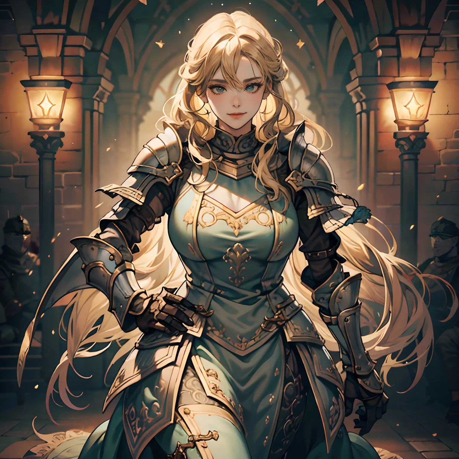 Women in Their 20s、fantasy worlds、offcial art, unity 8k wall paper, ultra-detailliert, beautifly、Aesthetic, ​masterpiece, top-quality, Photorealsitic、detailed costume、depth of fields, Fantastic atmosphere, Calm palette, tranquil mood, Soft shading、plump figure、Soft skin、large full breasts、Happy smile、Woman knight:1.5、Female knight、Dark green eyes、a blond、Has a very large sword and shield