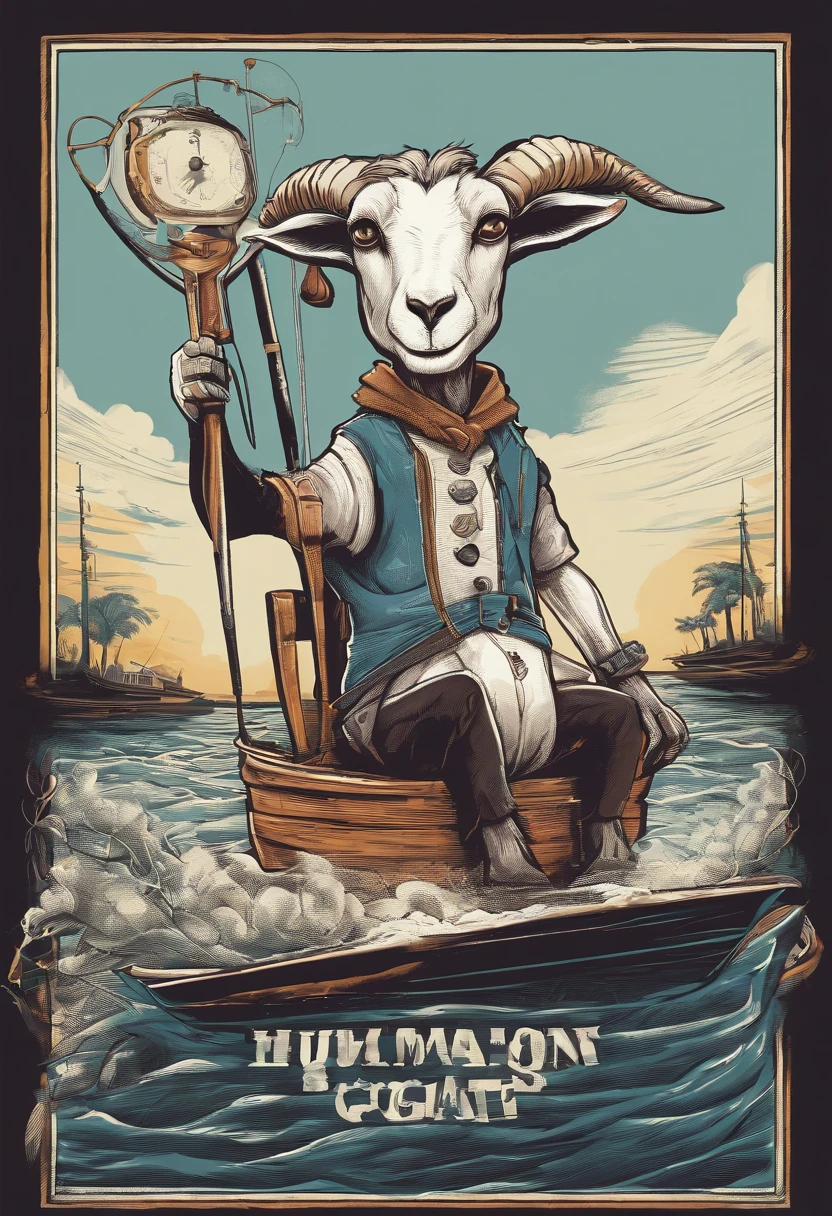 a humanoid goat, sitting on the boat fishing, having fun, cartoon style, promotional art, very stylized character design, t shirt art