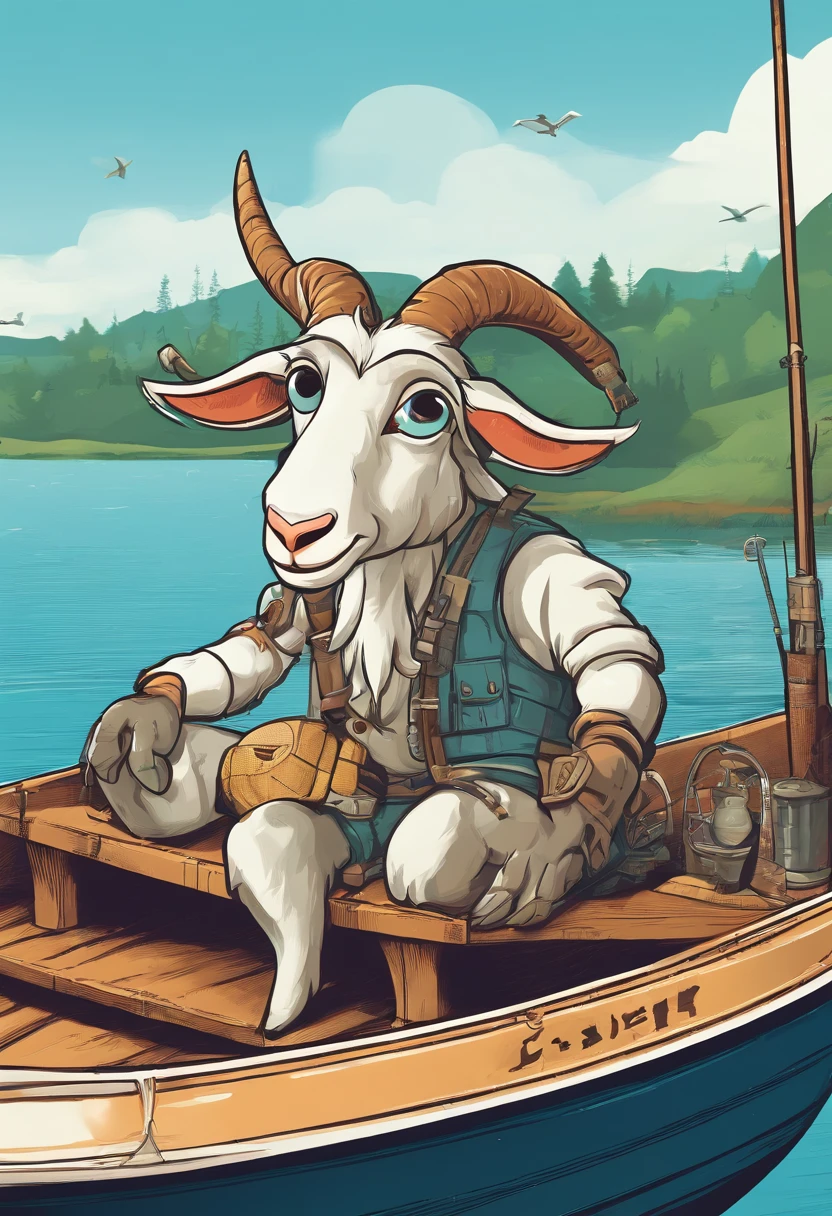 a humanoid goat, sitting on the boat fishing, having fun, cartoon style, promotional art, very stylized character design, t shirt art